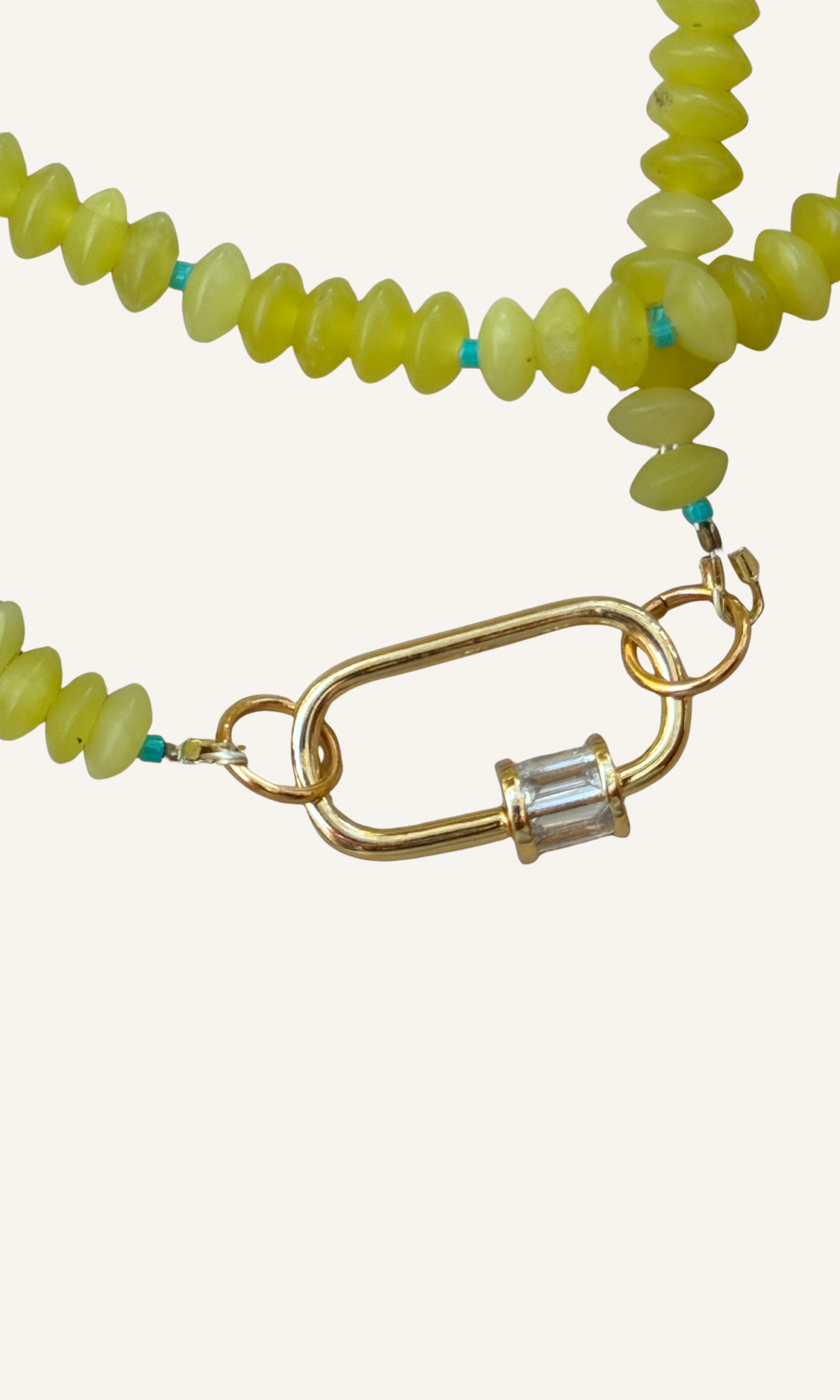 Lemon Jade necklace with aqua spacers, gold filled findings, and carabiner screw clasp