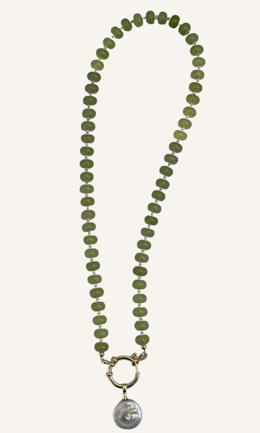 Light green Peridot necklace with a Freshwater Pearl and cz pendant and a gold filled sailor clasp