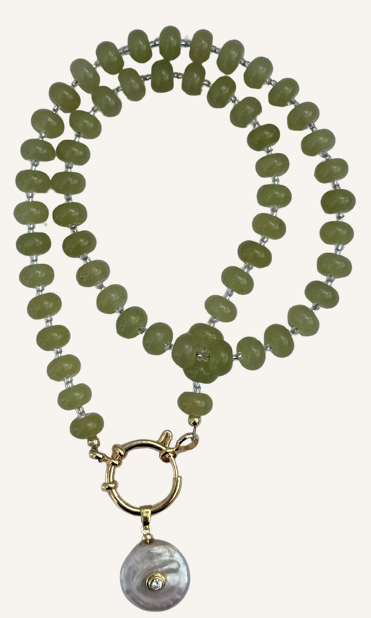 Light green Peridot necklace with a Freshwater Pearl and cz pendant and a gold filled sailor clasp