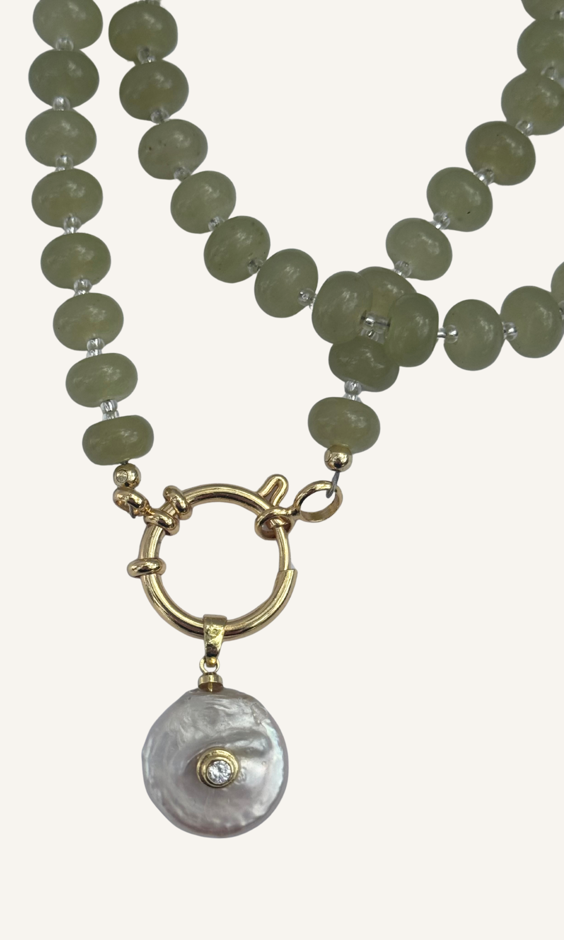 Light green Peridot necklace with a Freshwater Pearl and cz pendant and a gold filled sailor clasp