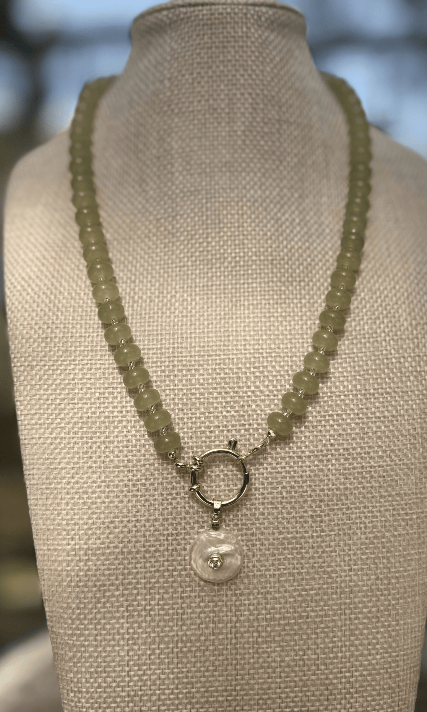 Light green Peridot necklace with a Freshwater Pearl and cz pendant and a gold filled sailor clasp