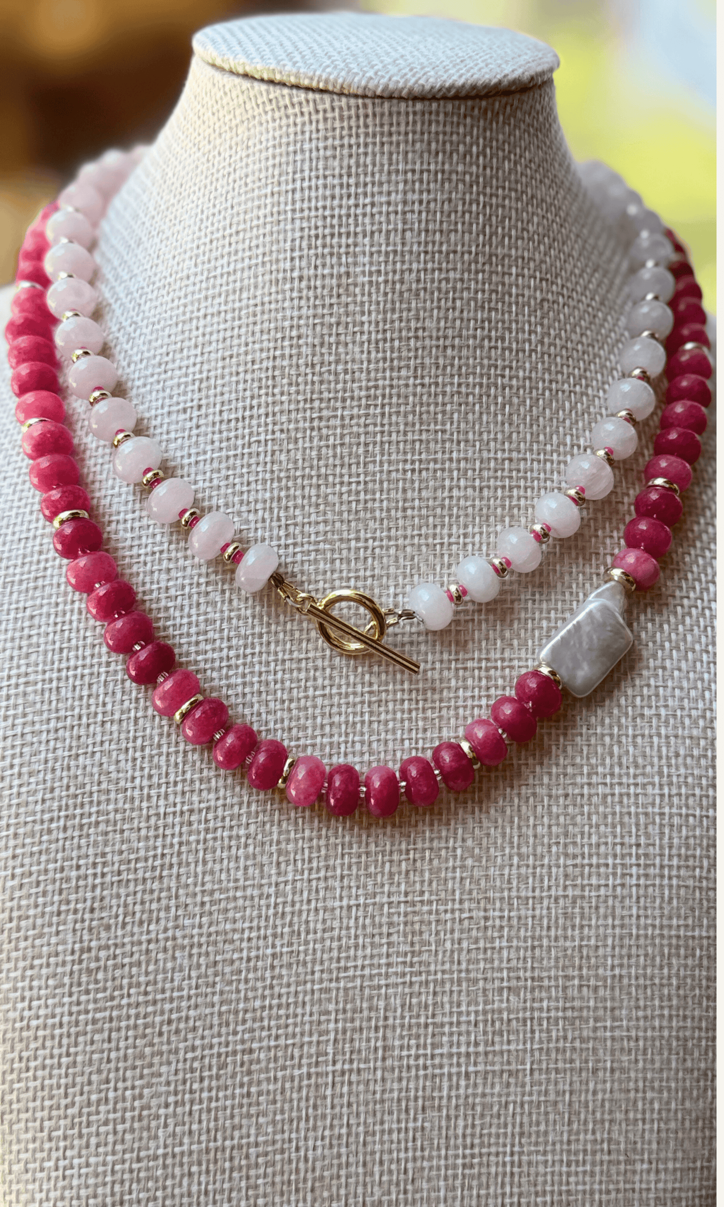 Light pink Rose Quartz necklace with gold filled findings, spacers, and toggle closure