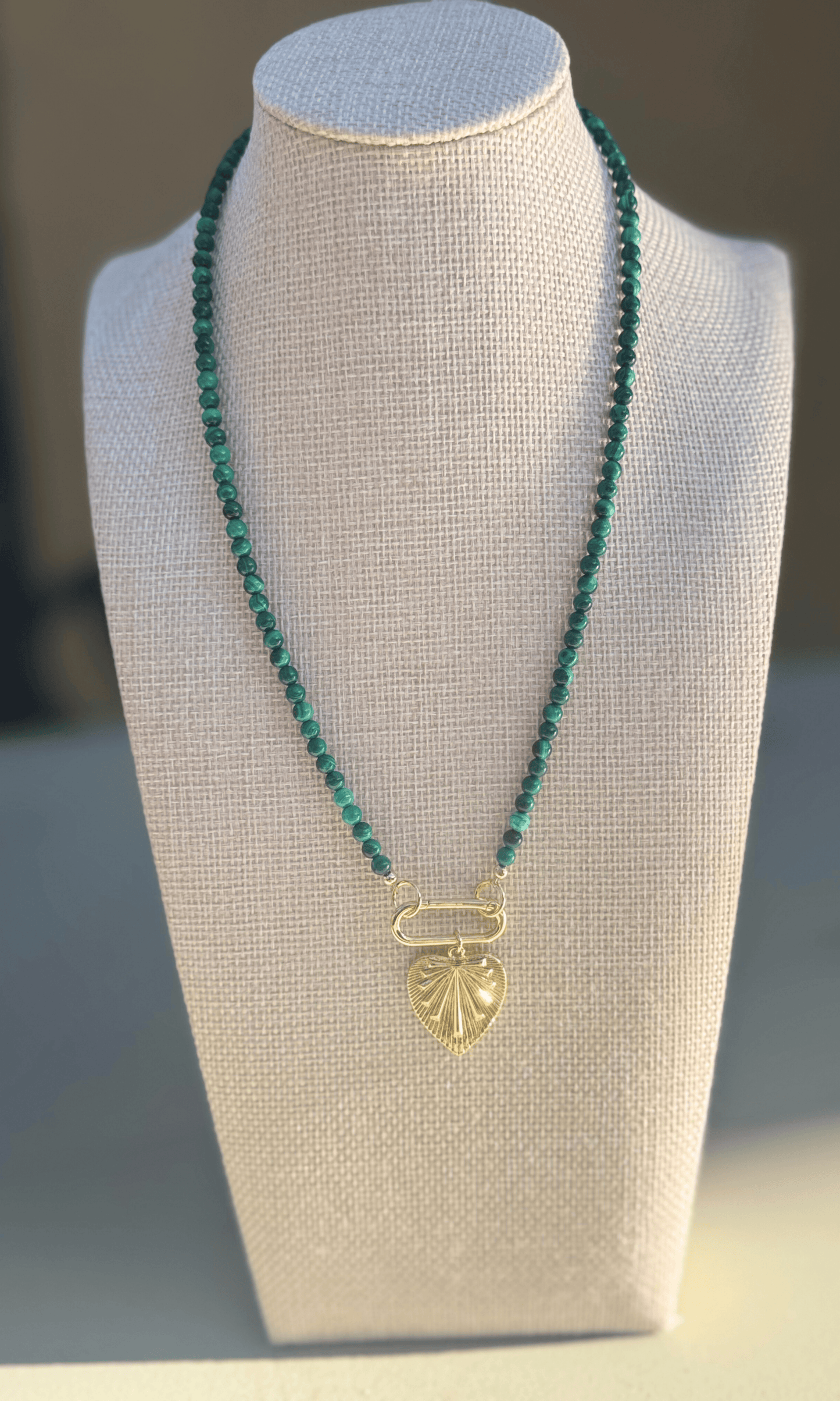 Malachite necklace with gold filled push gate clasp and heart charm