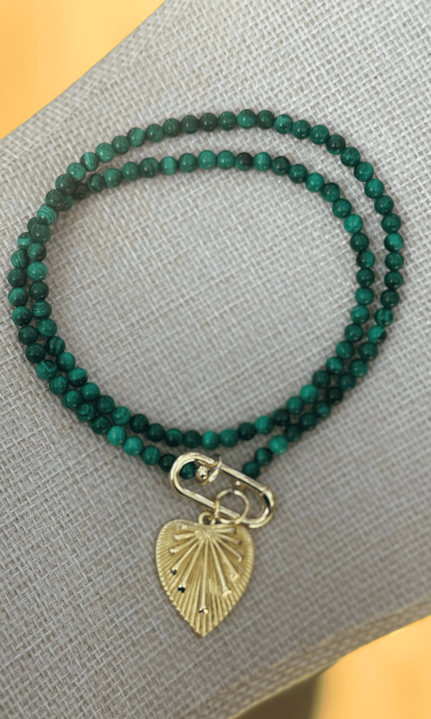 Malachite necklace with gold filled push gate clasp and heart charm