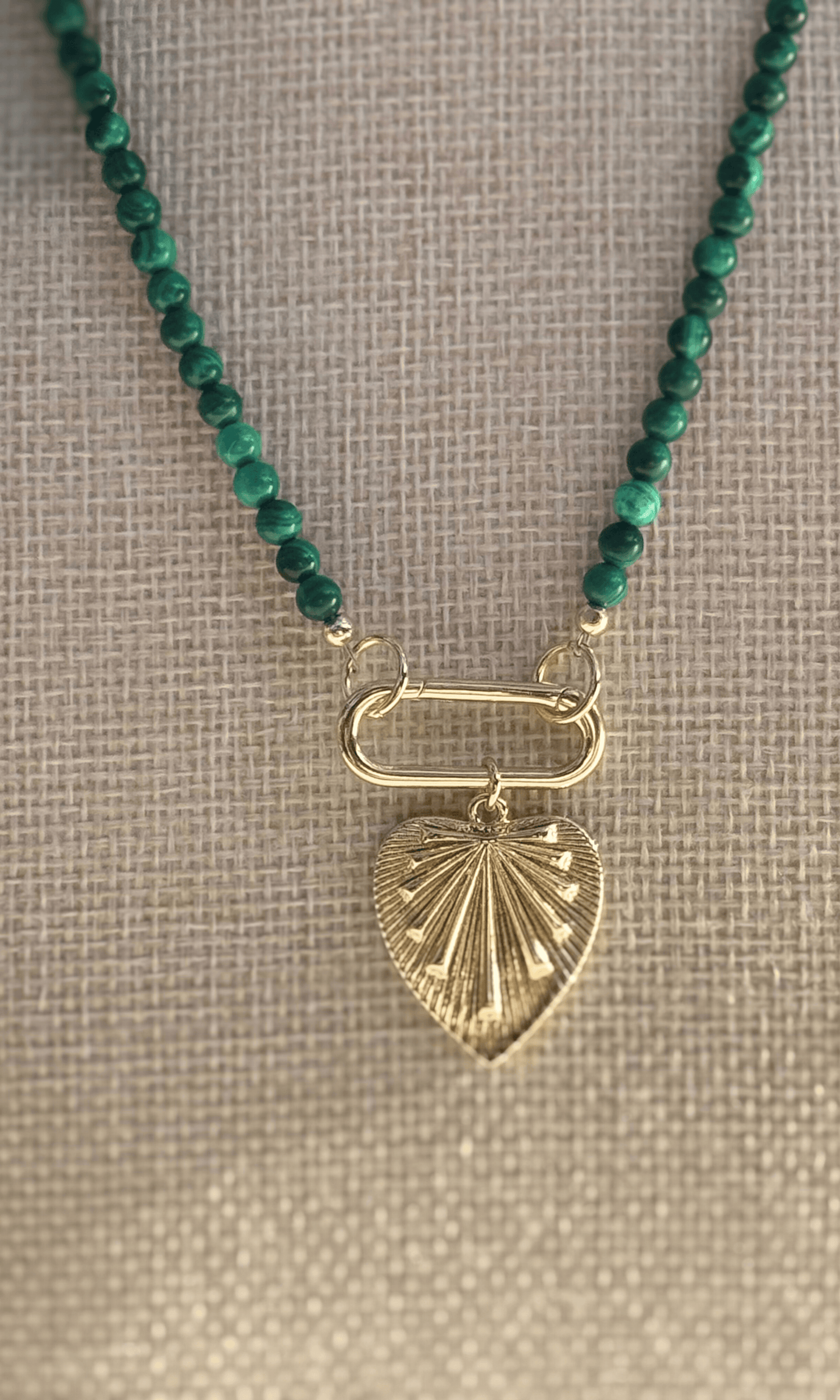 Malachite necklace with gold filled push gate clasp and heart charm