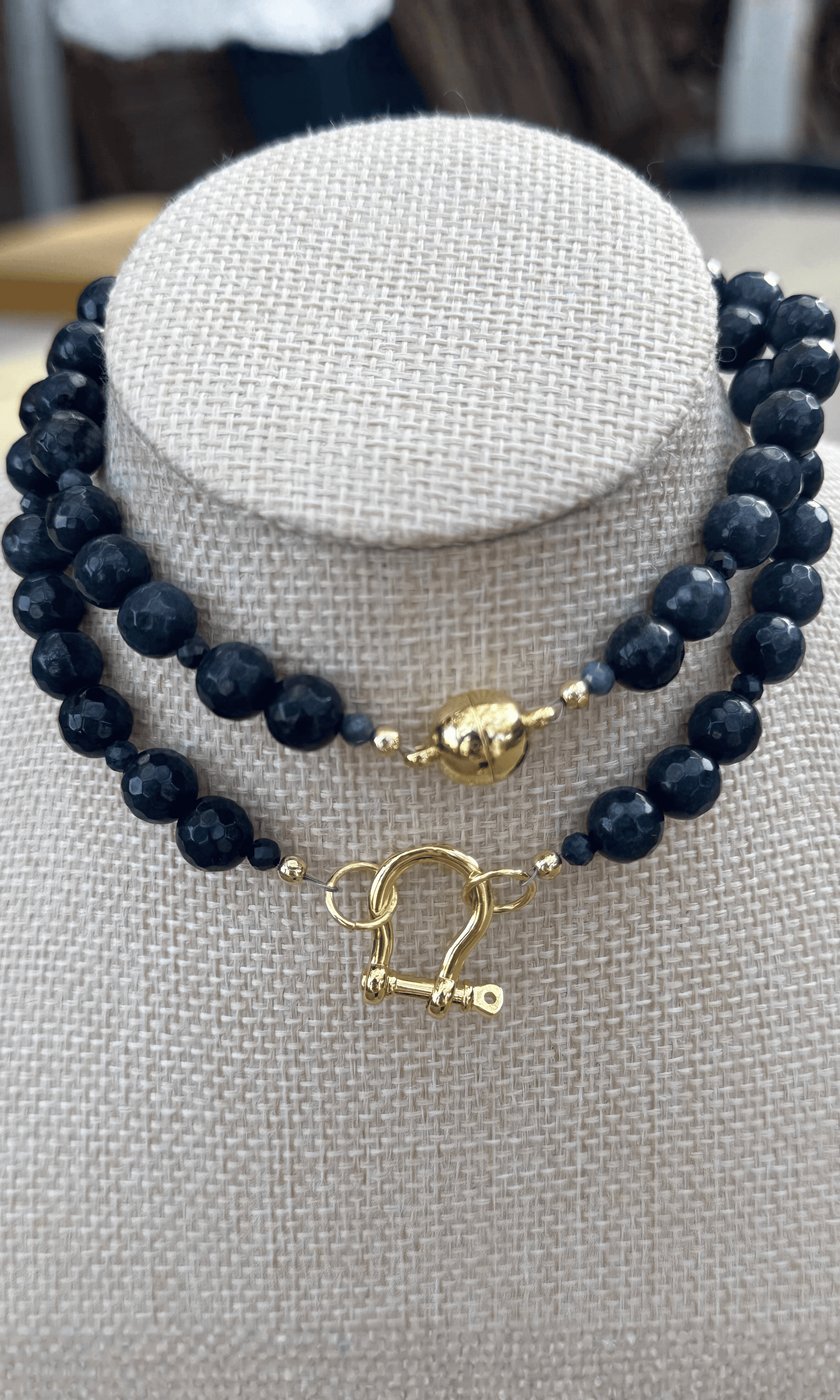 Midnight Jade and Blue Sapphire necklace with gold filled hardware including a horsebit connector and magnetic closure