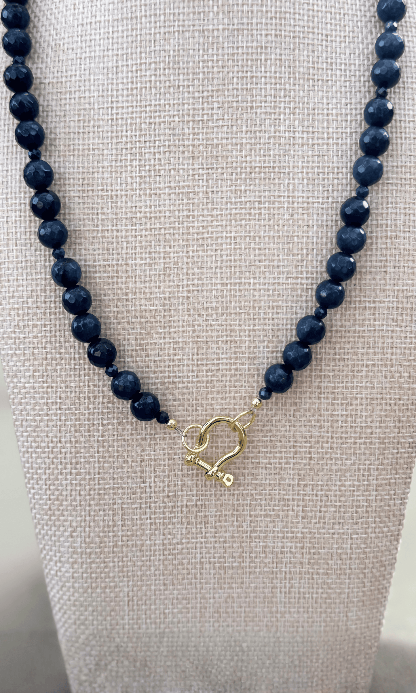 Midnight Jade and Blue Sapphire necklace with gold filled hardware including a horsebit connector and magnetic closure