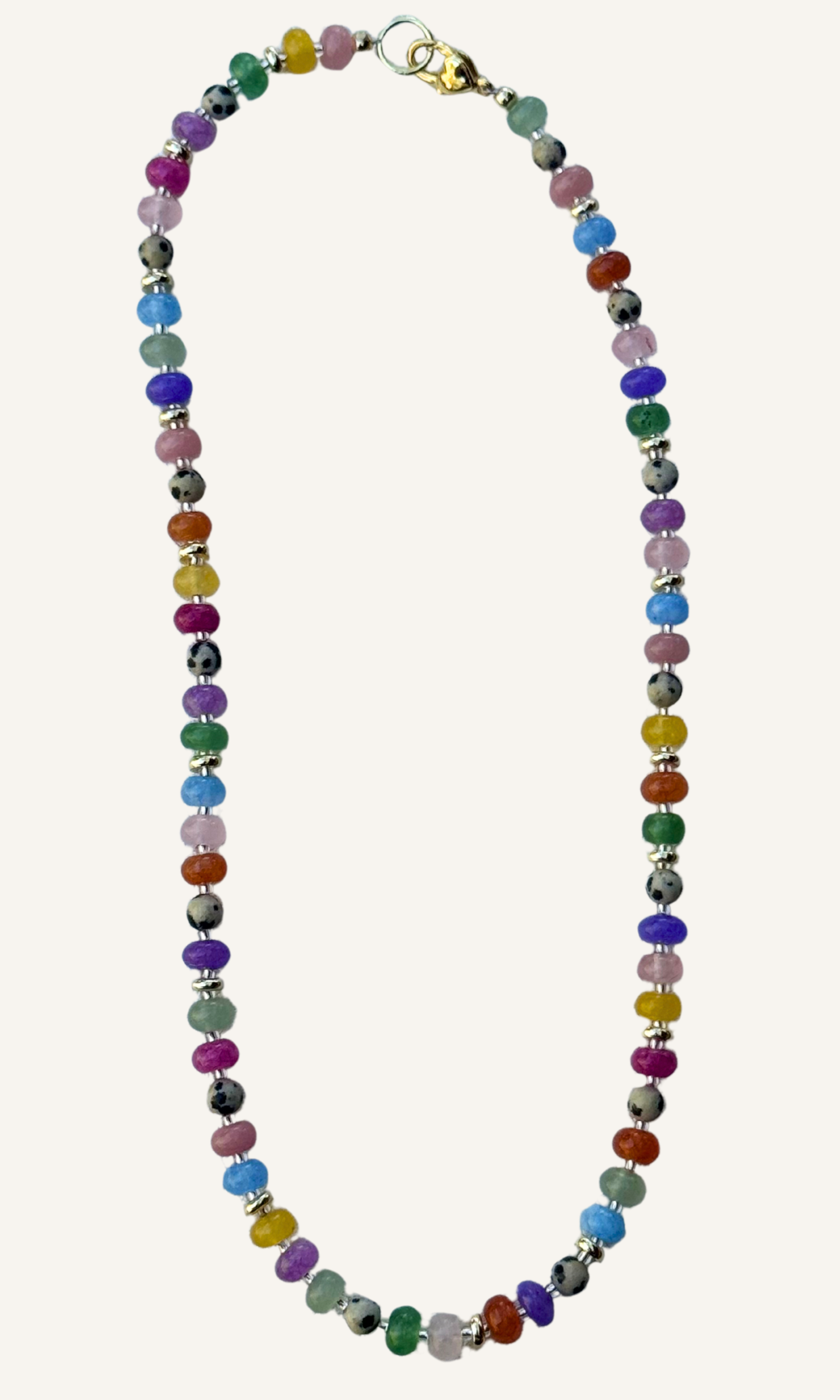 Multi-color Jade, Dalmatian Jasper, and gold filled spacers and a gold filled lobster clasp