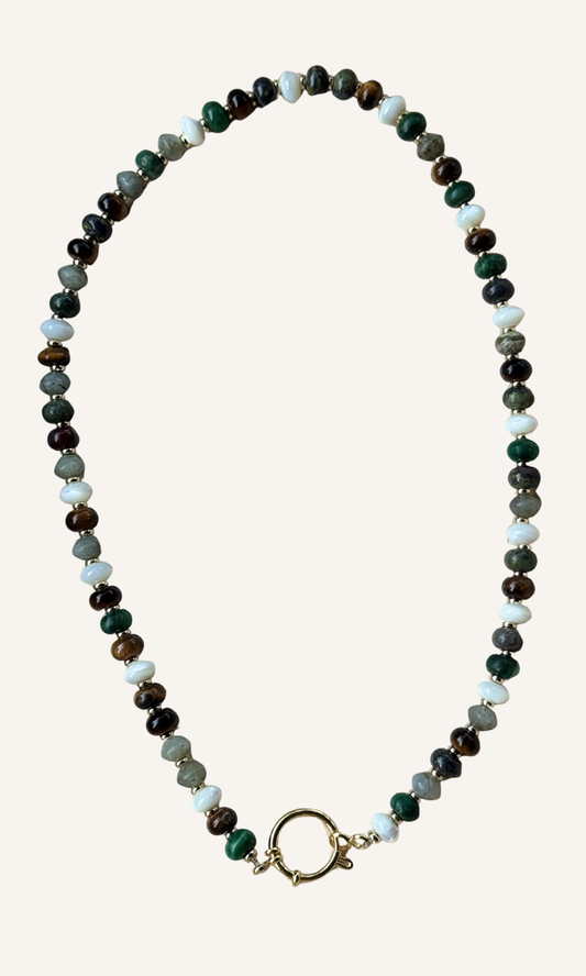 Multi-gemstone necklace with Labradorite, Mother of Pearl, African Green Jade, Dragon Blood Jasper, and Tiger's Eye, gold filled findings, and a sailor clasp