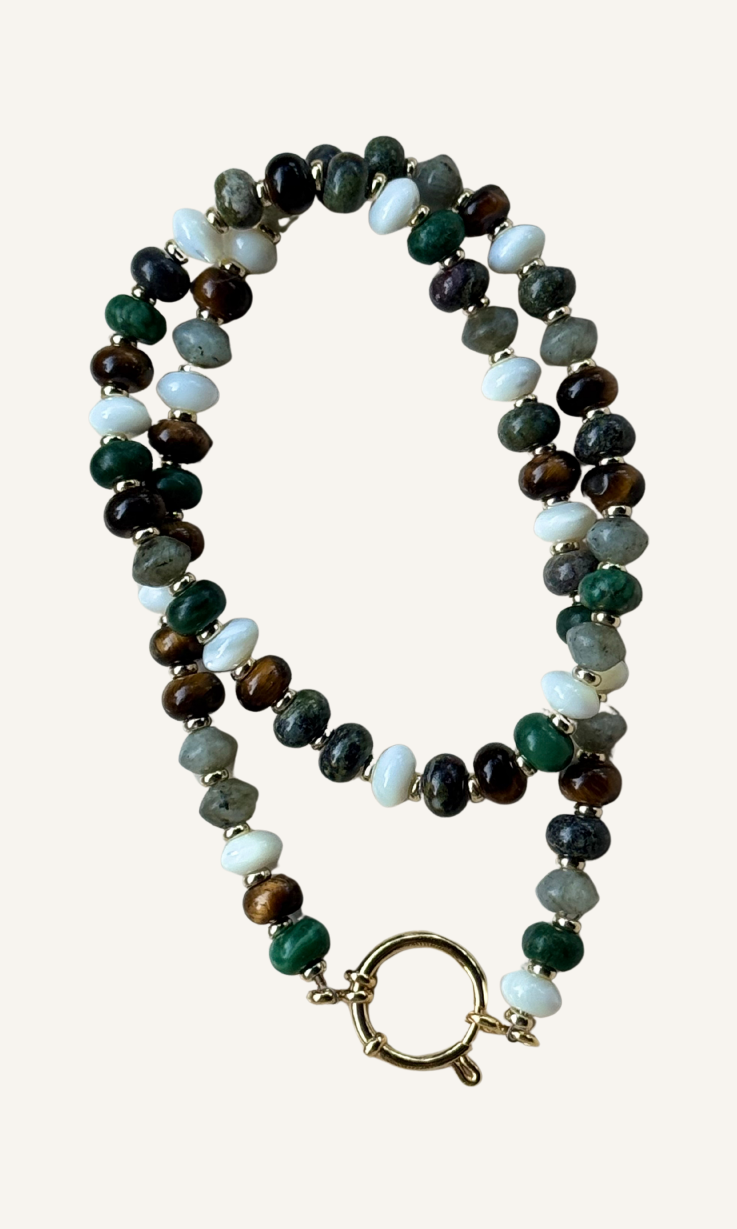 Multi-gemstone necklace with Labradorite, Mother of Pearl, African Green Jade, Dragon Blood Jasper, and Tiger's Eye, gold filled findings, and a sailor clasp