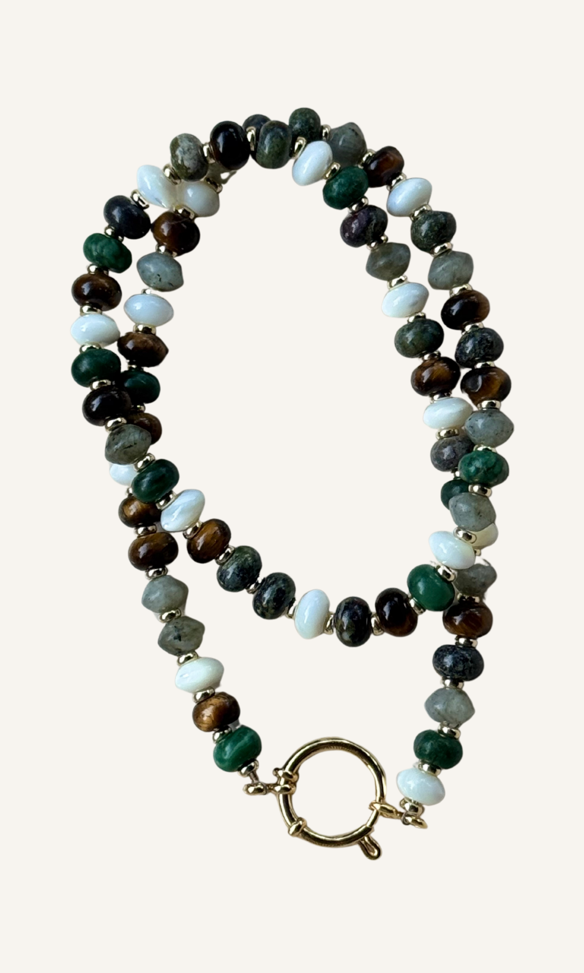 Multi-gemstone necklace with Labradorite, Mother of Pearl, African Green Jade, Dragon Blood Jasper, and Tiger's Eye, gold filled findings, and a sailor clasp