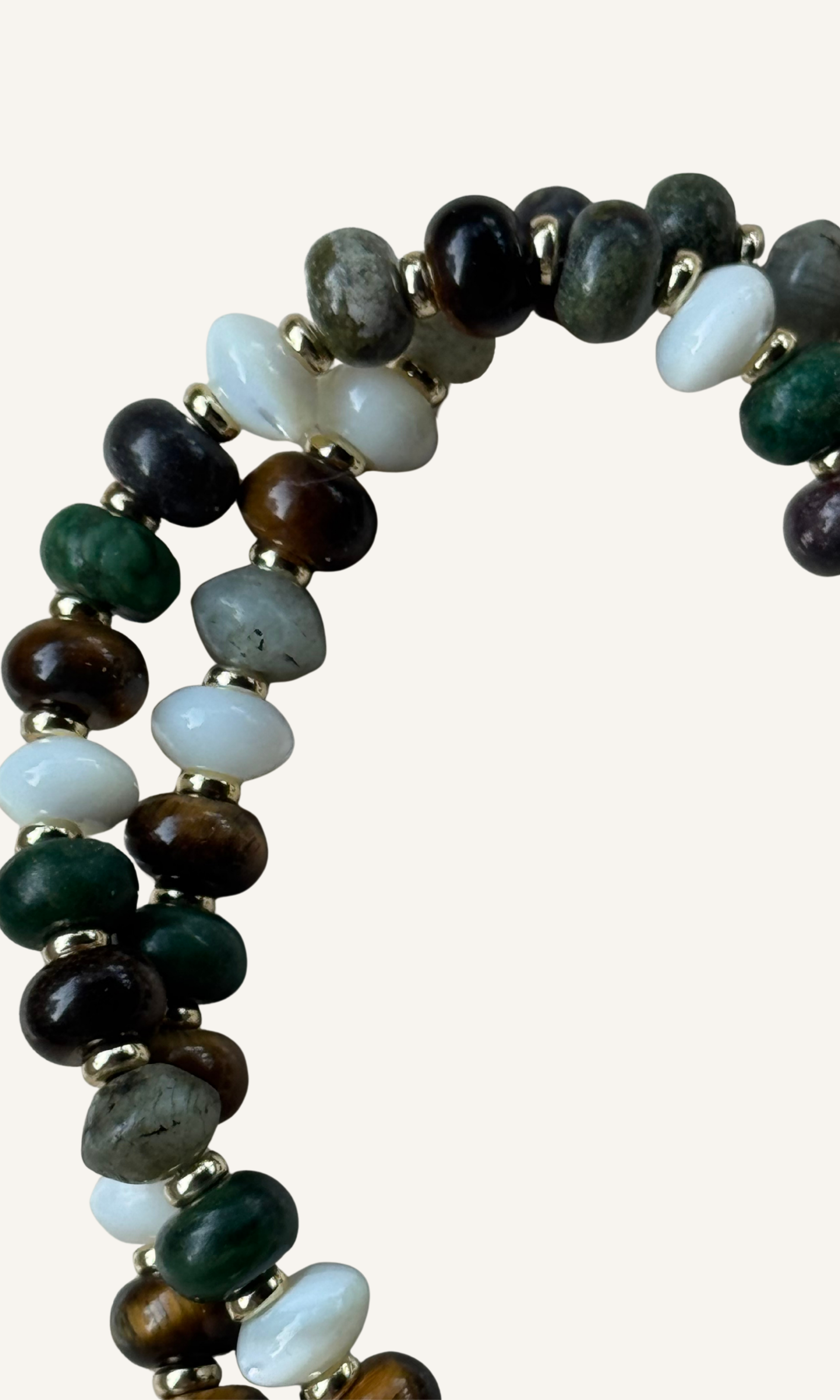 Multi-gemstone necklace with Labradorite, Mother of Pearl, African Green Jade, Dragon Blood Jasper, and Tiger's Eye, gold filled findings, and a sailor clasp