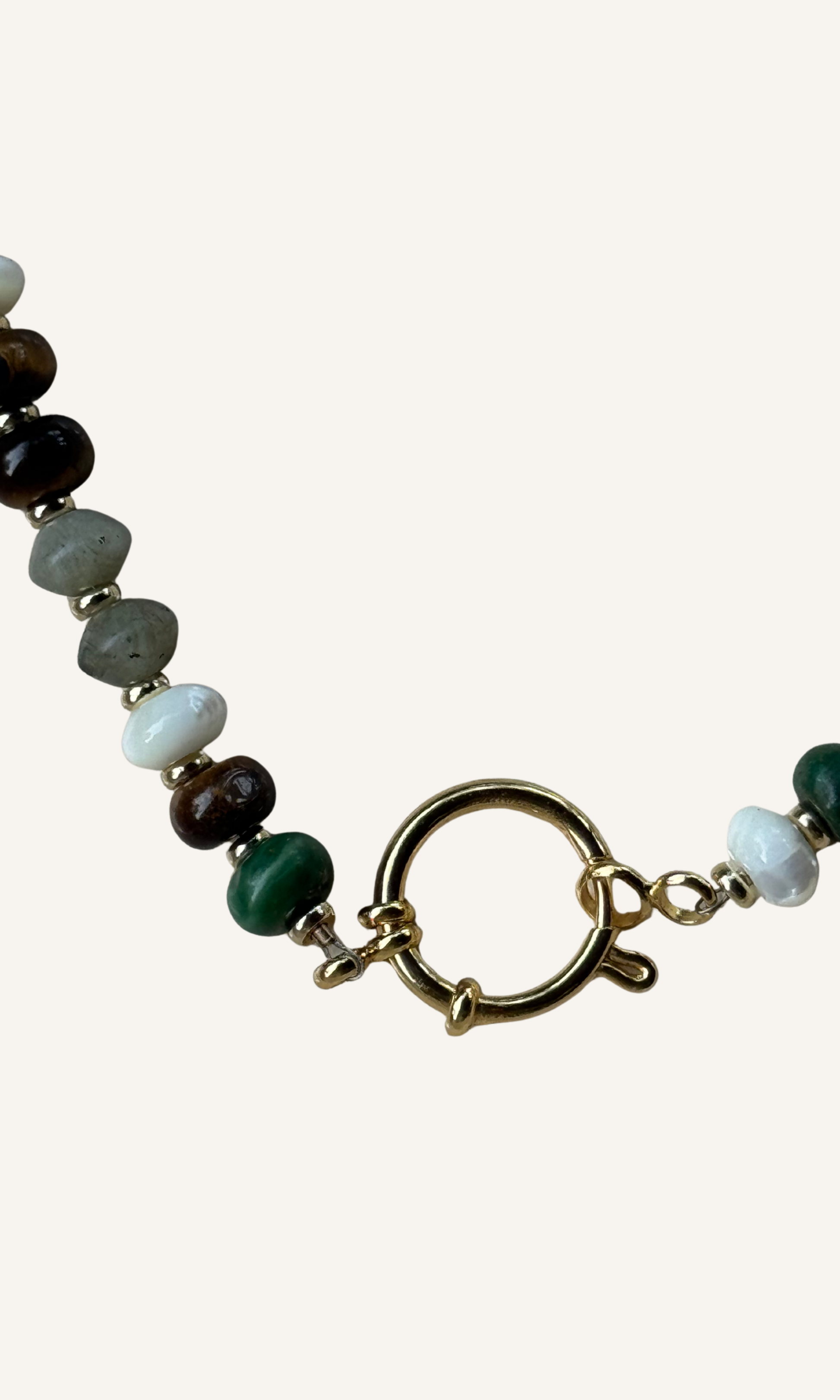 Multi-gemstone necklace with Labradorite, Mother of Pearl, African Green Jade, Dragon Blood Jasper, and Tiger's Eye, gold filled findings, and a sailor clasp