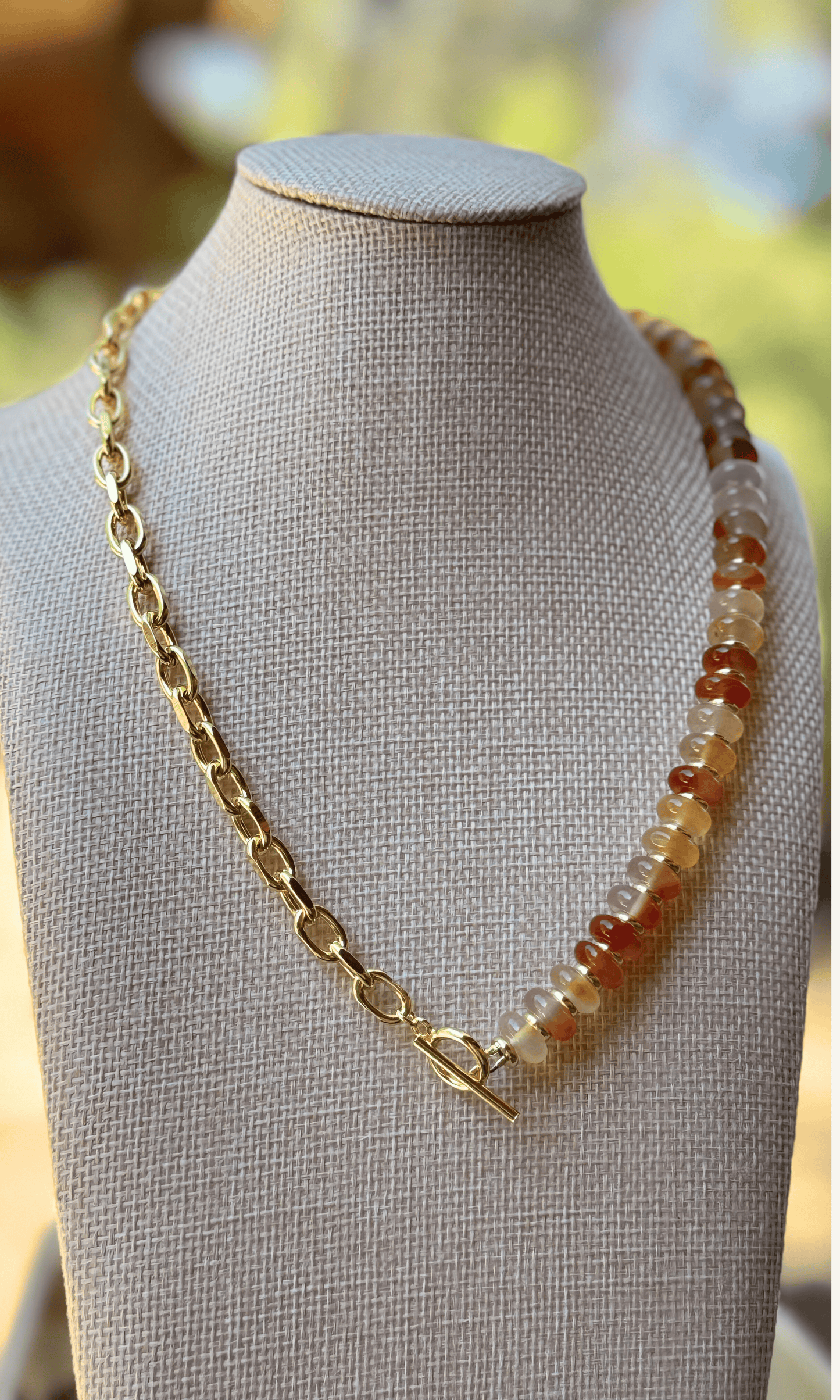 Orange Carlelian and gold filled chain necklace with gold filled findings and a toggle closure