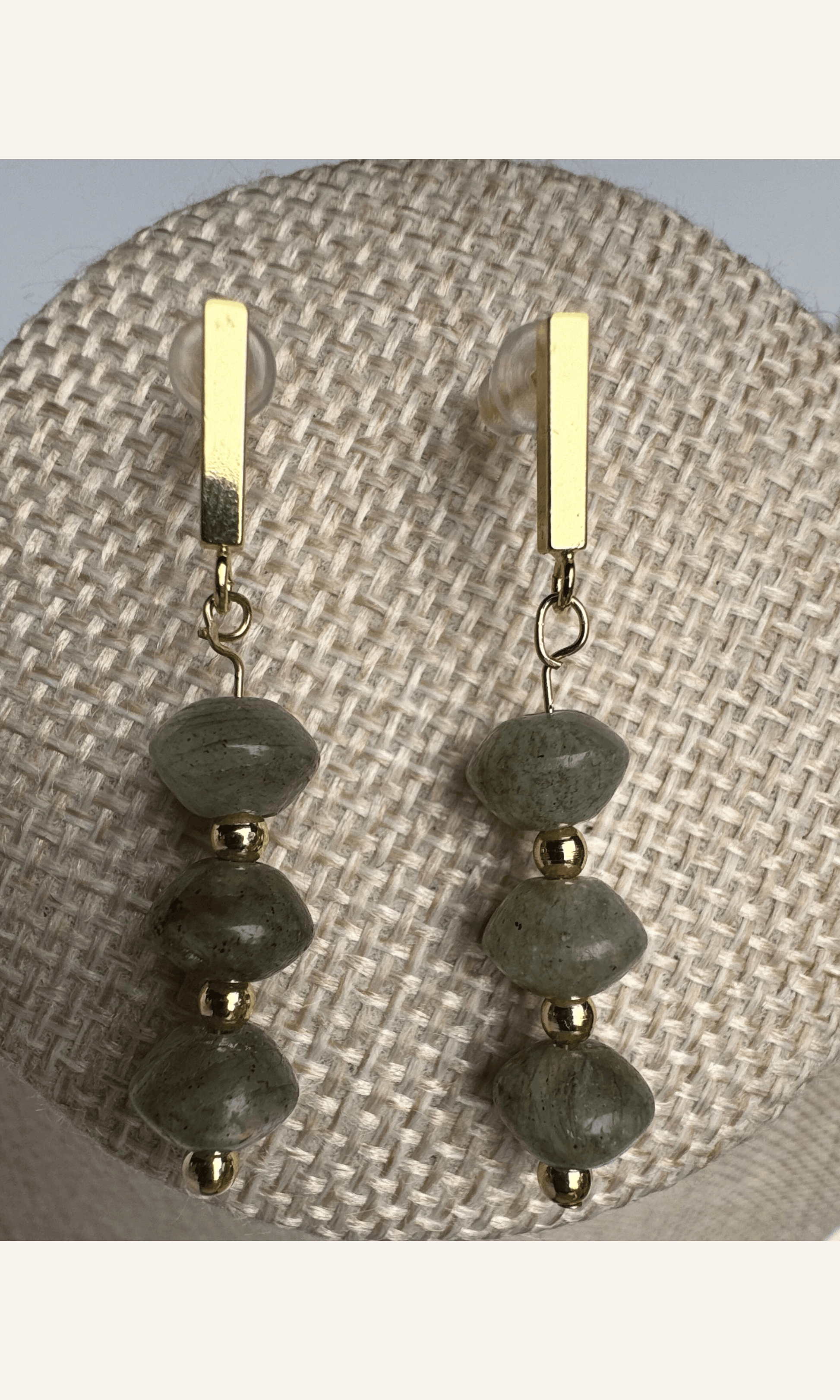 Pair of green/gray labradorite earrings on a gold filled bar stud earring post