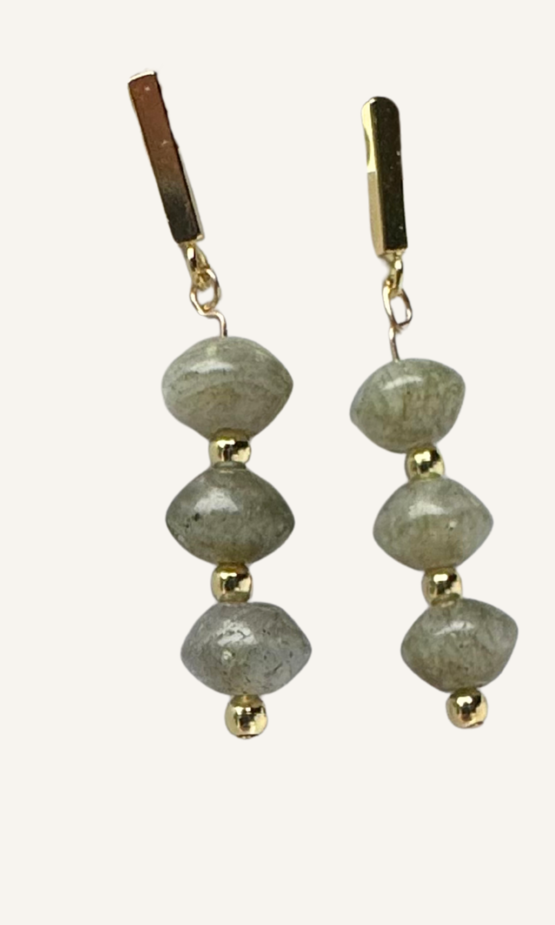 Pair of green/gray labradorite earrings on a gold filled bar stud earring post