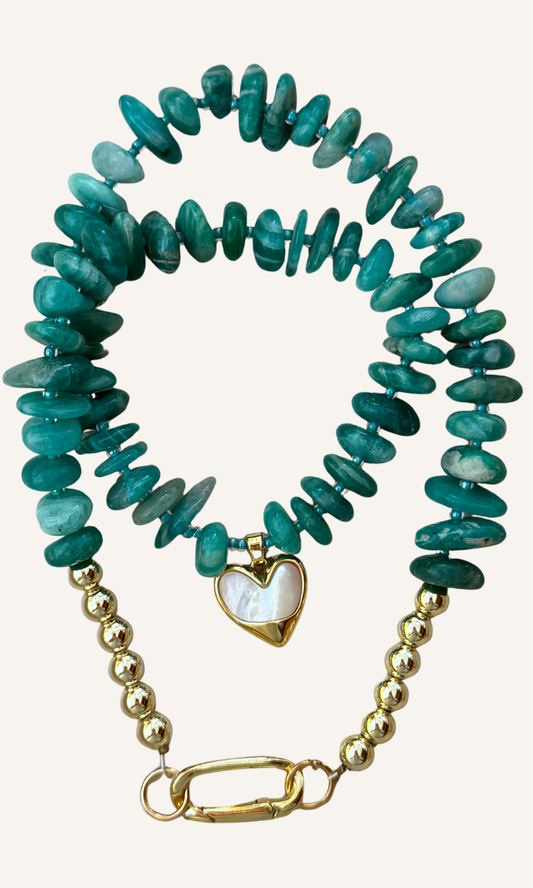 Peruvian Amazonite necklace in a gorgeous shade of turquoise with Mother of Pearl heart charm, gold filled findings, and push gate clasp