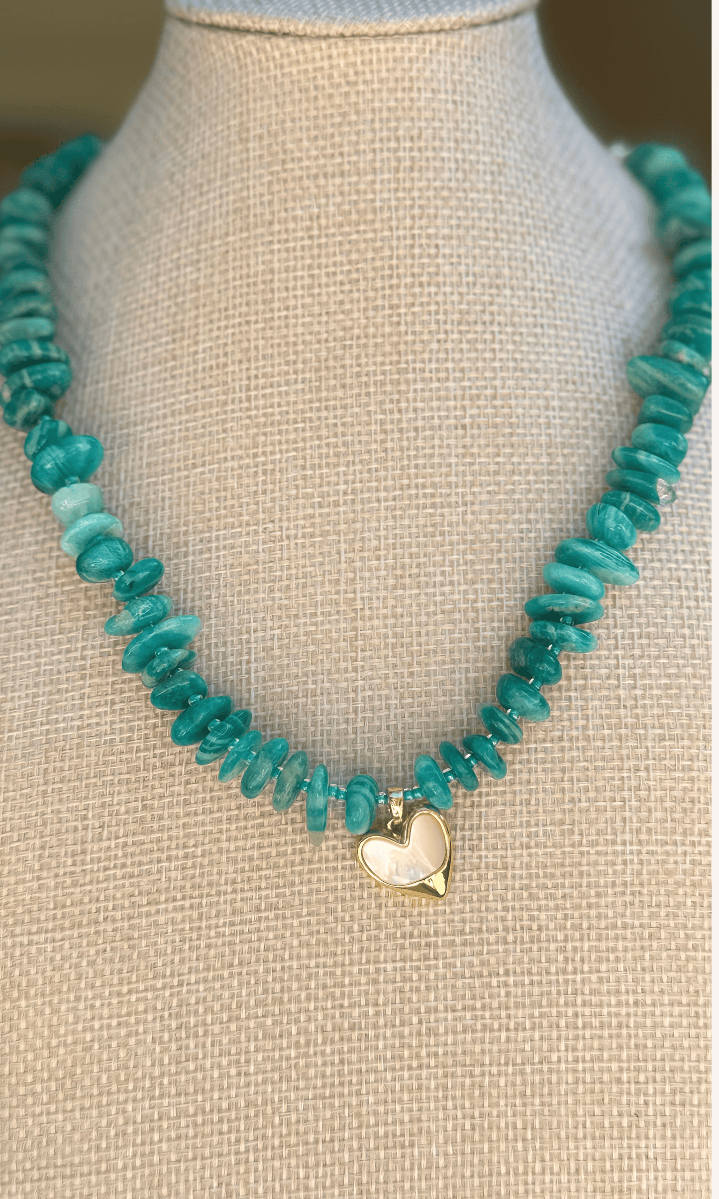Peruvian Amazonite necklace in a gorgeous shade of turquoise with Mother of Pearl heart charm, gold filled findings, and push gate clasp