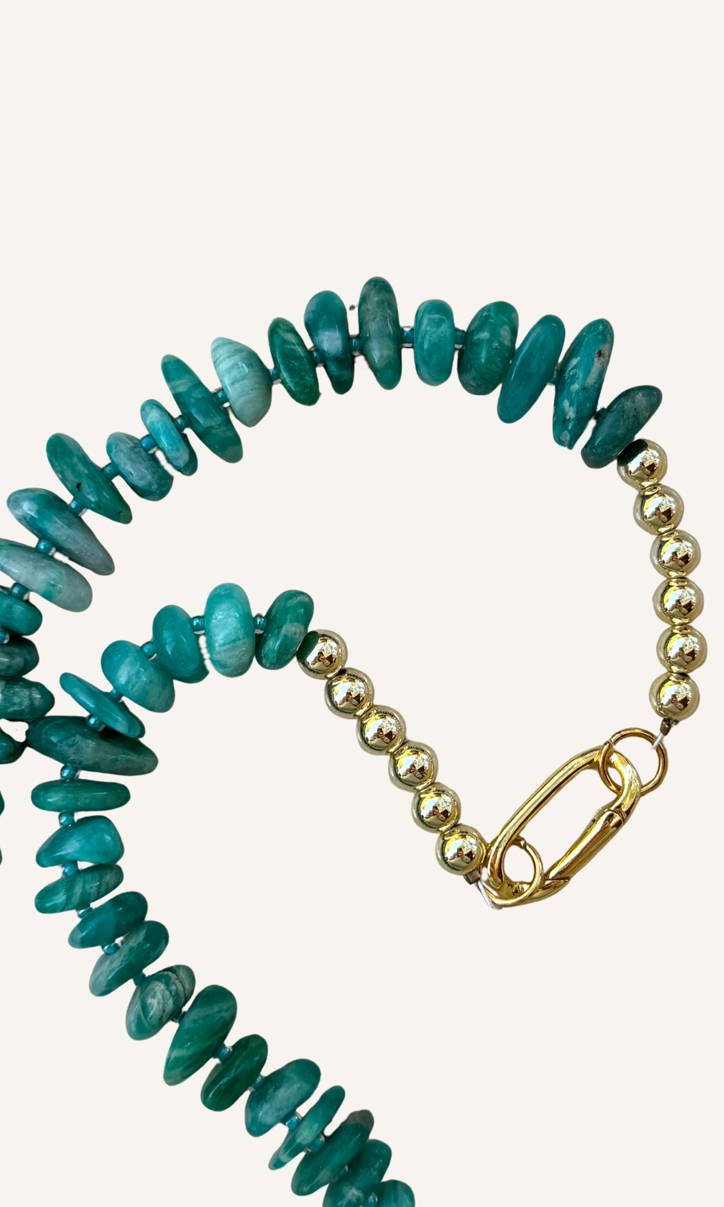 Peruvian Amazonite necklace in a gorgeous shade of turquoise with Mother of Pearl heart charm, gold filled findings, and push gate clasp