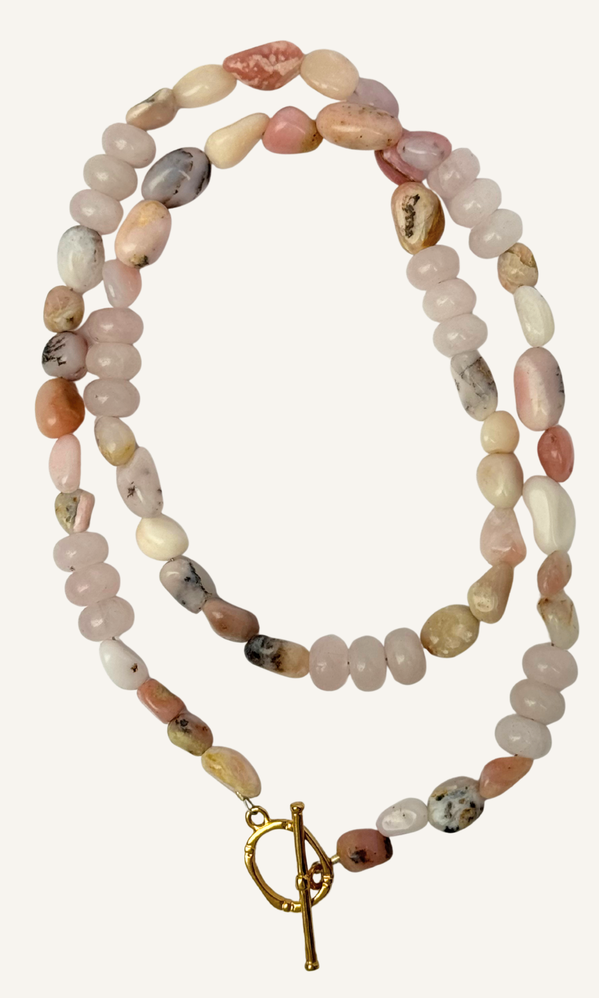 Pink Opal and Rose Quartz necklace with gold filled findings and a toggle closure