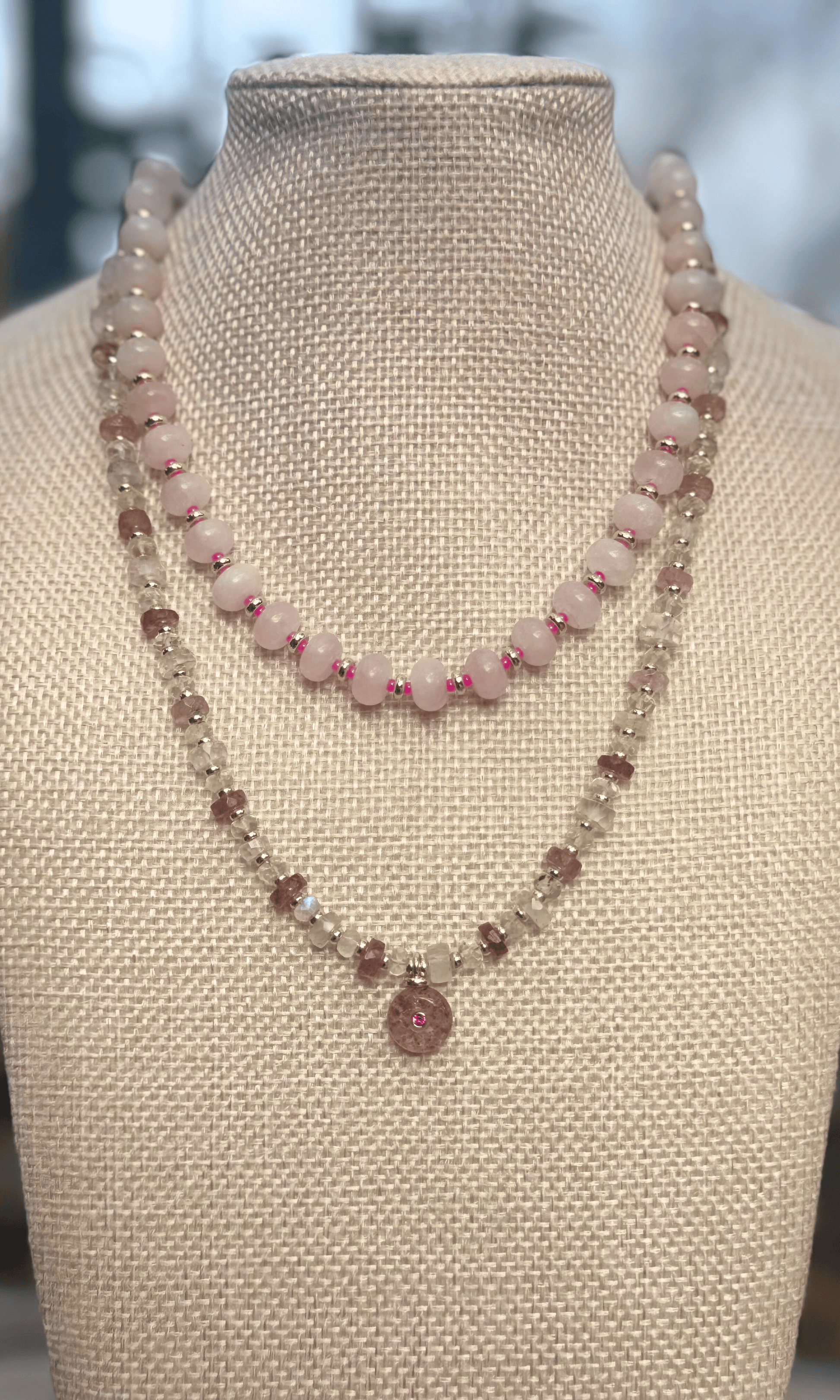 Strawberry Quartz and Rainbow Moonstone necklace with a gold filled toggle clasp and Strawberry Quartz pendant paired with a pink rose quartz candy necklace with gold filled spacers