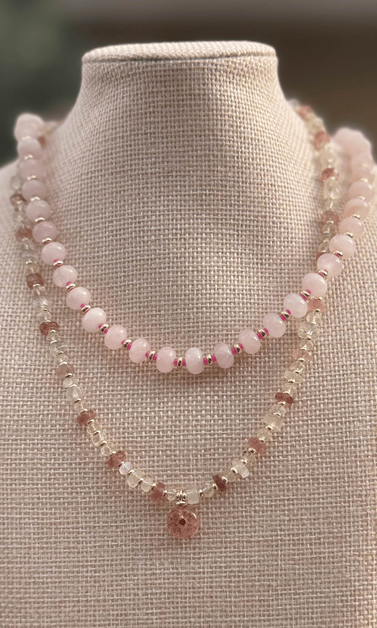 Strawberry Quartz and Rainbow Moonstone necklace with a gold filled toggle clasp and Strawberry Quartz pendant paired with a pink rose quartz candy necklace with gold filled spacers