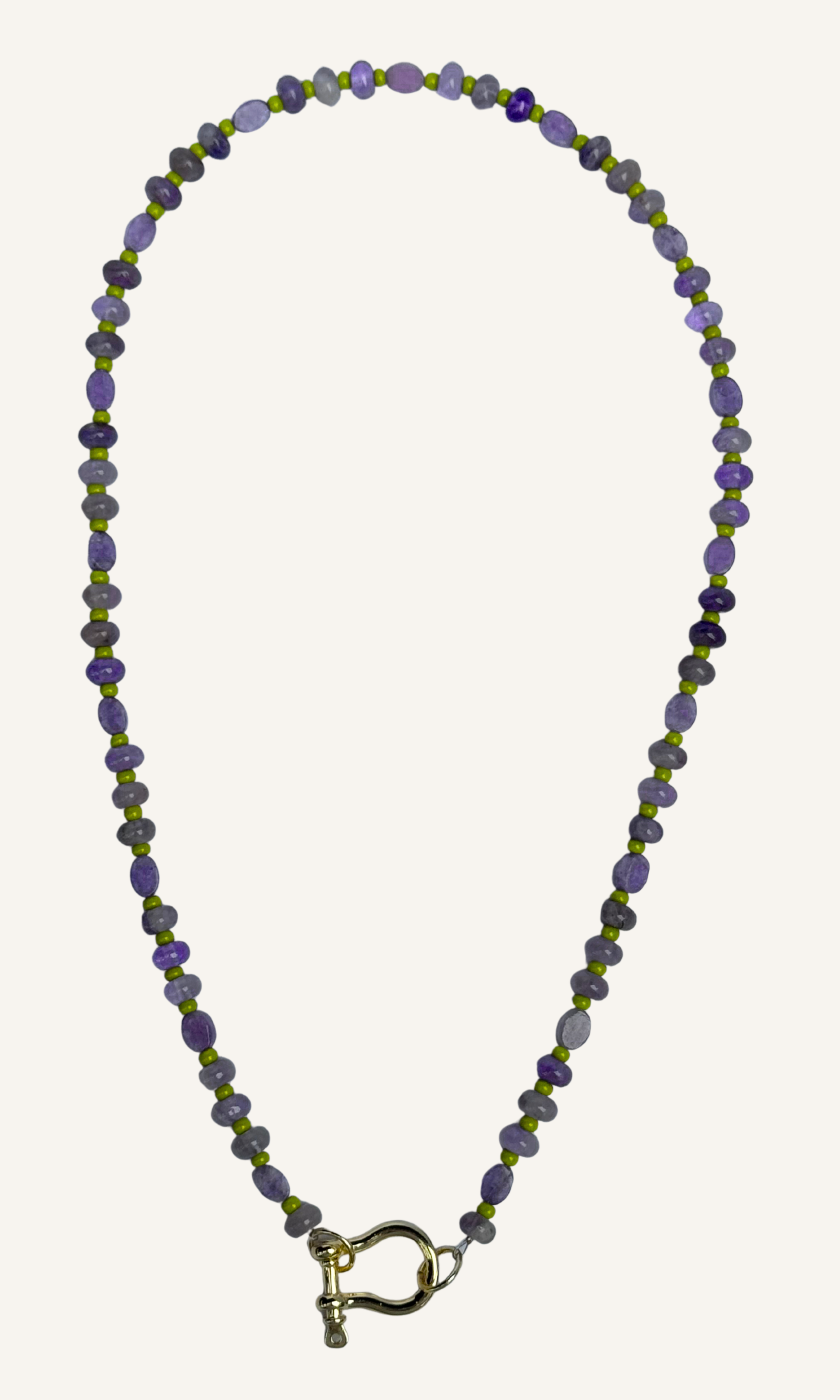 Purple Amethyst and Lepidolite necklace with green spacer beads, gold filled findings, and a horsebit carabiner 1