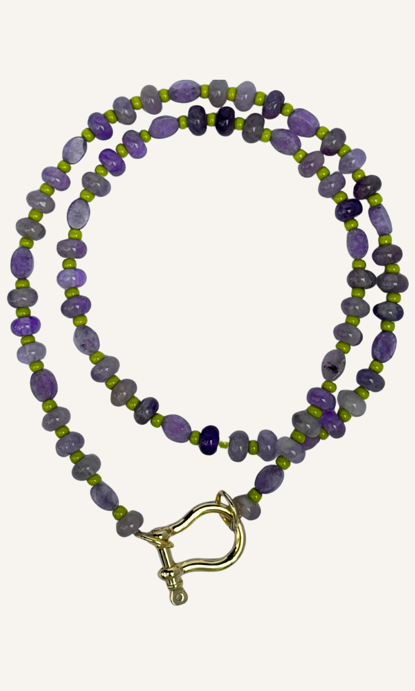 Purple Amethyst and Lepidolite necklace with green spacer beads, gold filled findings, and a horsebit carabiner 