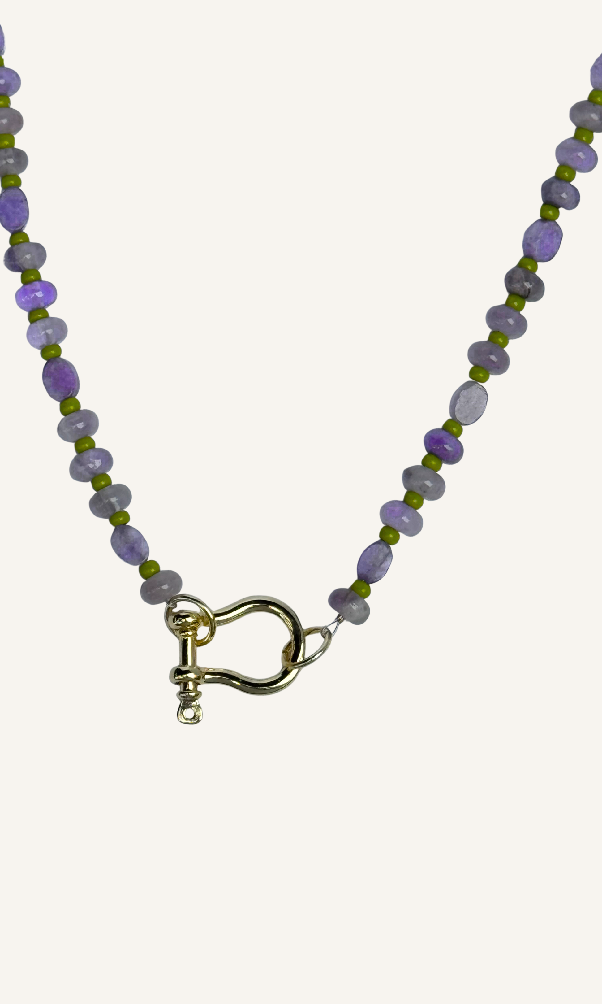 Purple Amethyst and Lepidolite necklace with green spacer beads, gold filled findings, and a horsebit carabiner.