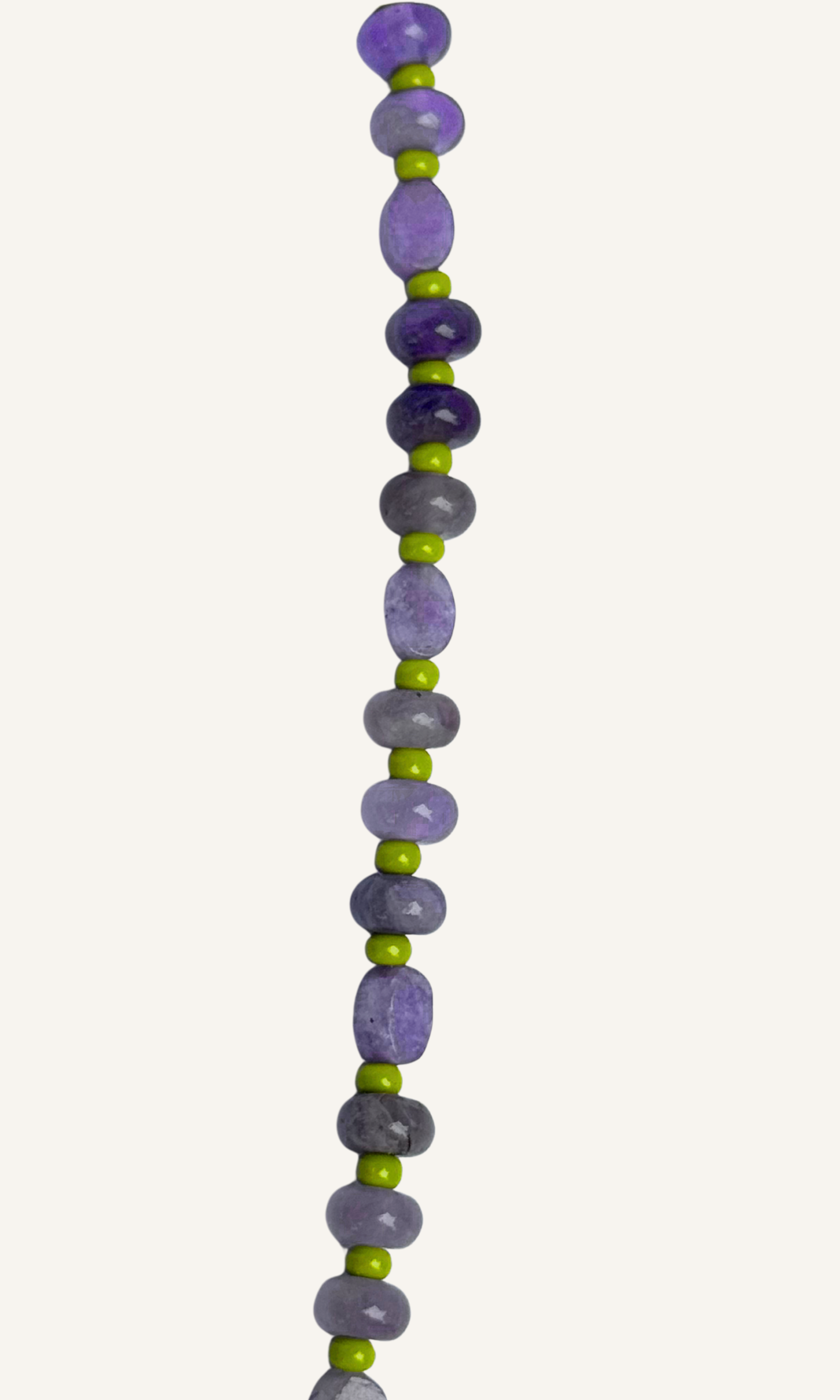 Purple Amethyst and Lepidolite necklace with green spacer beads, gold filled findings, and a horsebit carabiner.