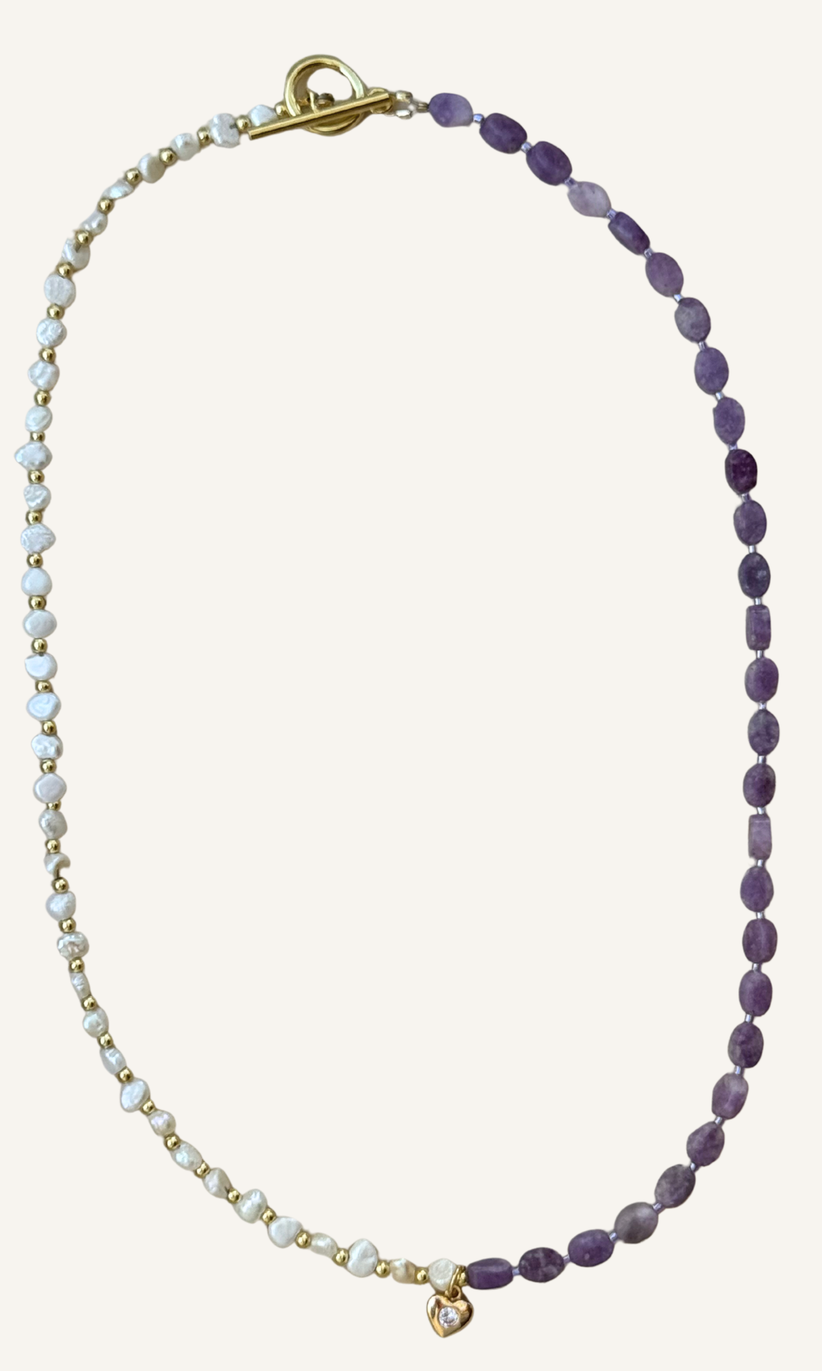 Purple Lepidolite and tiny Freshwater Pearl necklace with dainty heart charm, gold filled findings, and a toggle closure