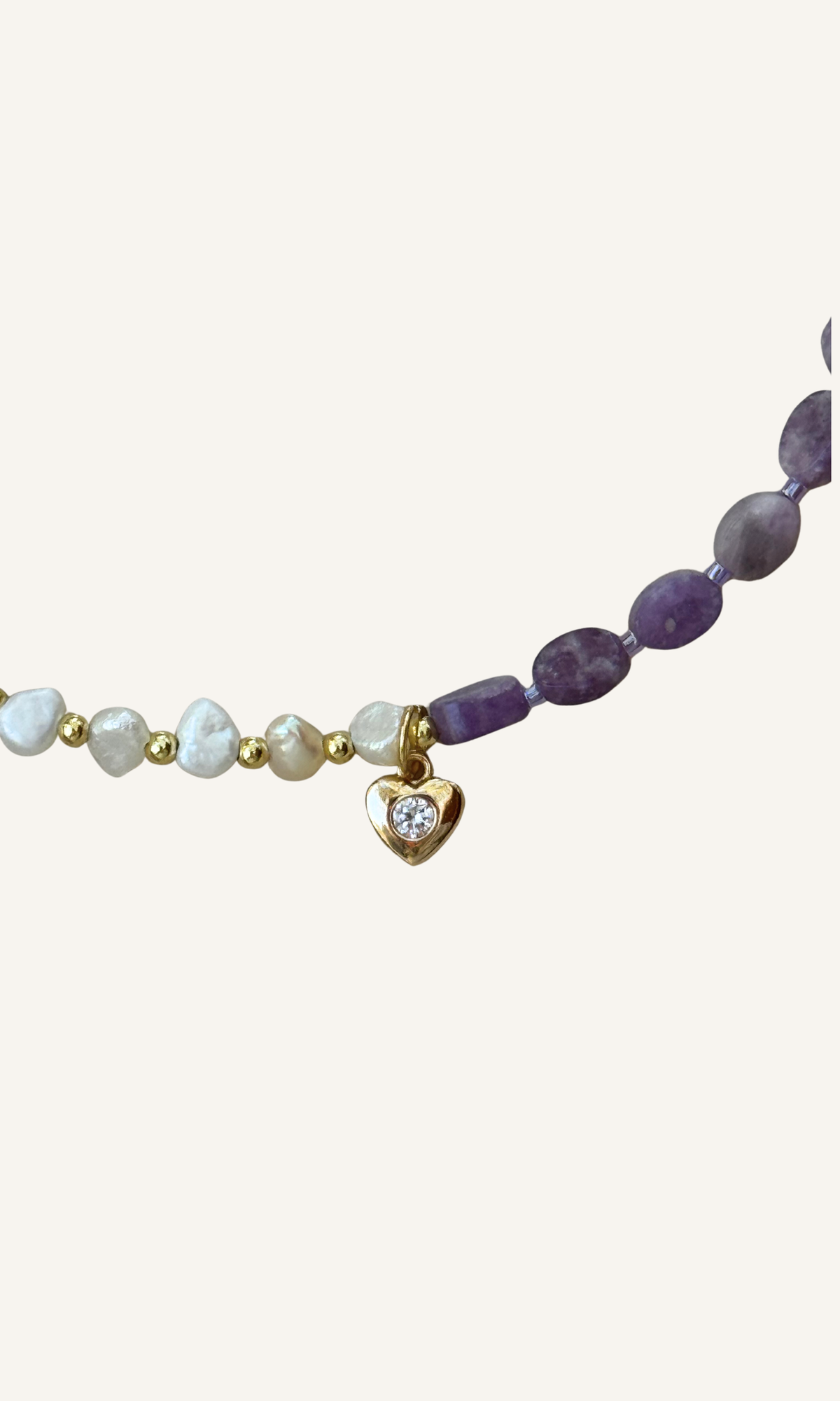 Purple Lepidolite and tiny Freshwater Pearl necklace with dainty heart charm, gold filled findings, and a toggle closure