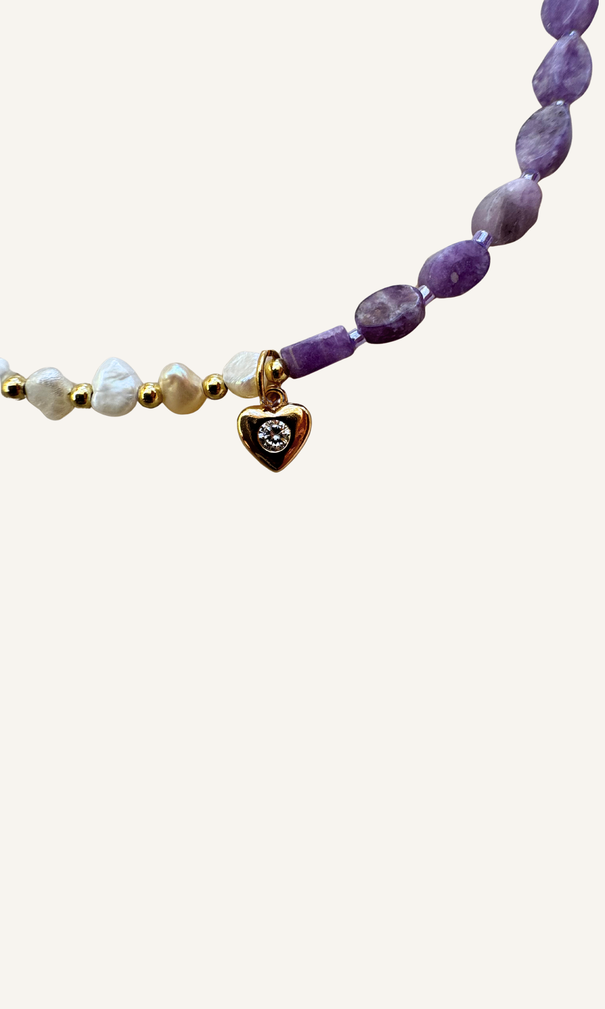 Purple Lepidolite and tiny Freshwater Pearl necklace with dainty heart charm, gold filled findings, and a toggle closure