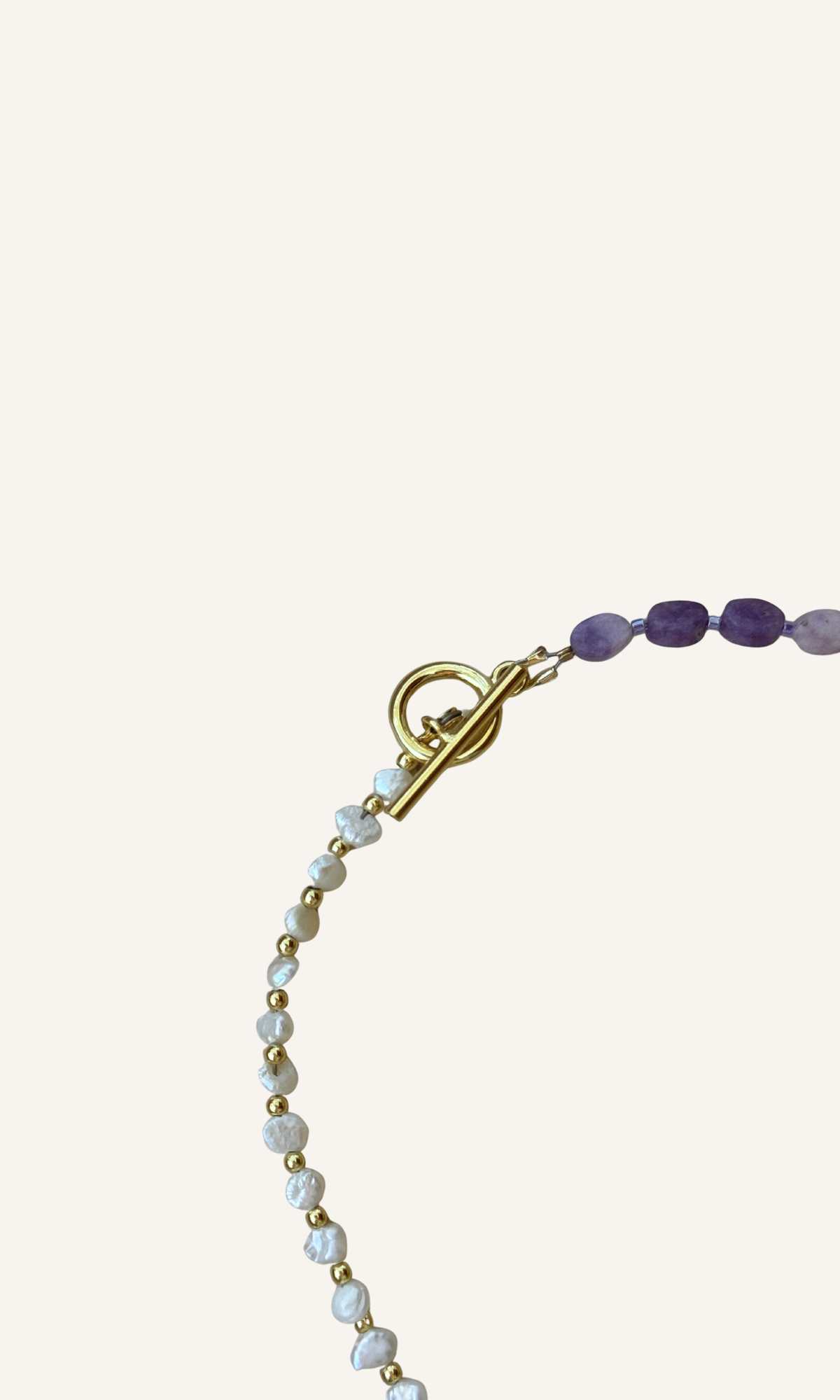 Purple Lepidolite and tiny Freshwater Pearl necklace with dainty heart charm, gold filled findings, and a toggle closure