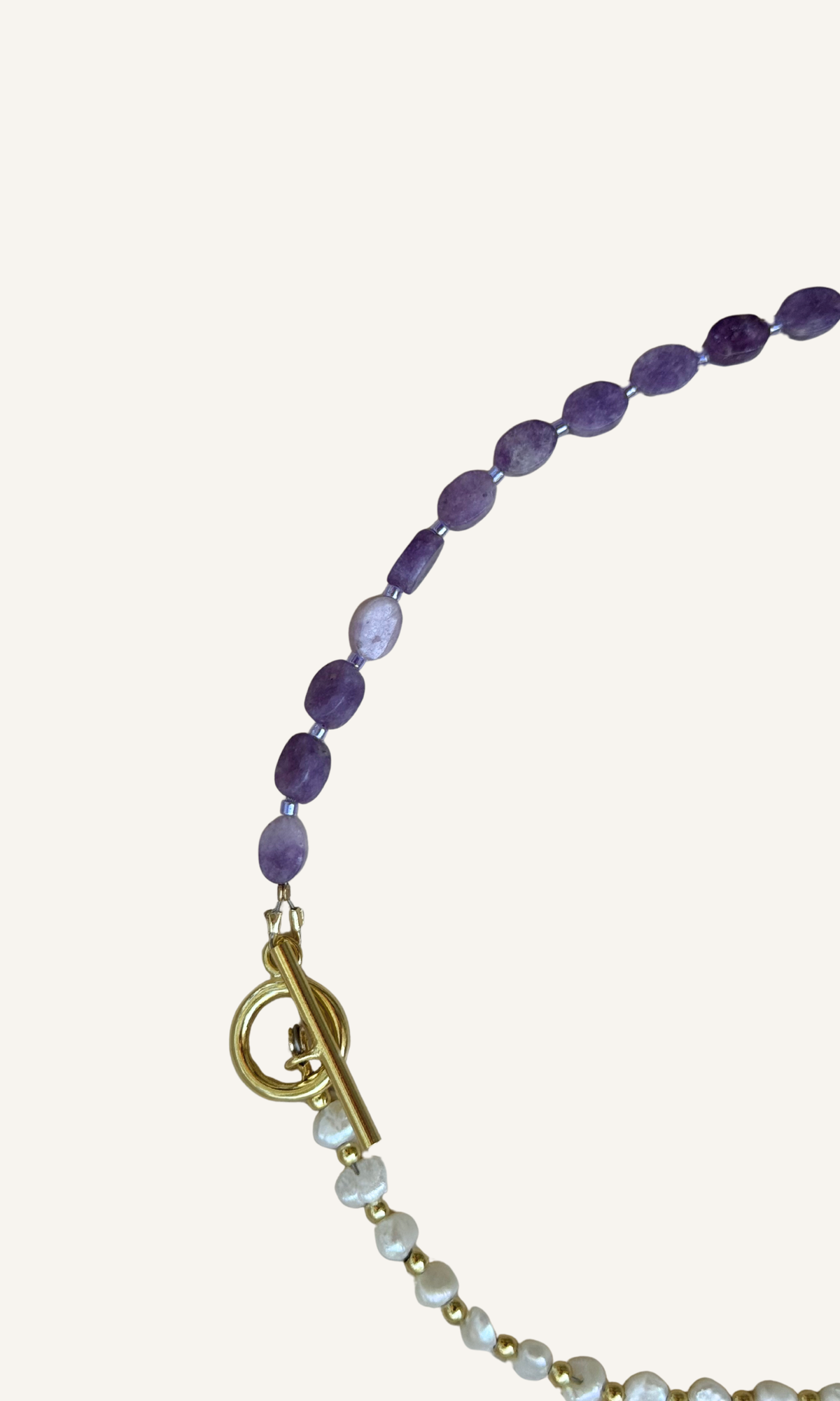 Purple Lepidolite and tiny Freshwater Pearl necklace with dainty heart charm, gold filled findings, and a toggle closure