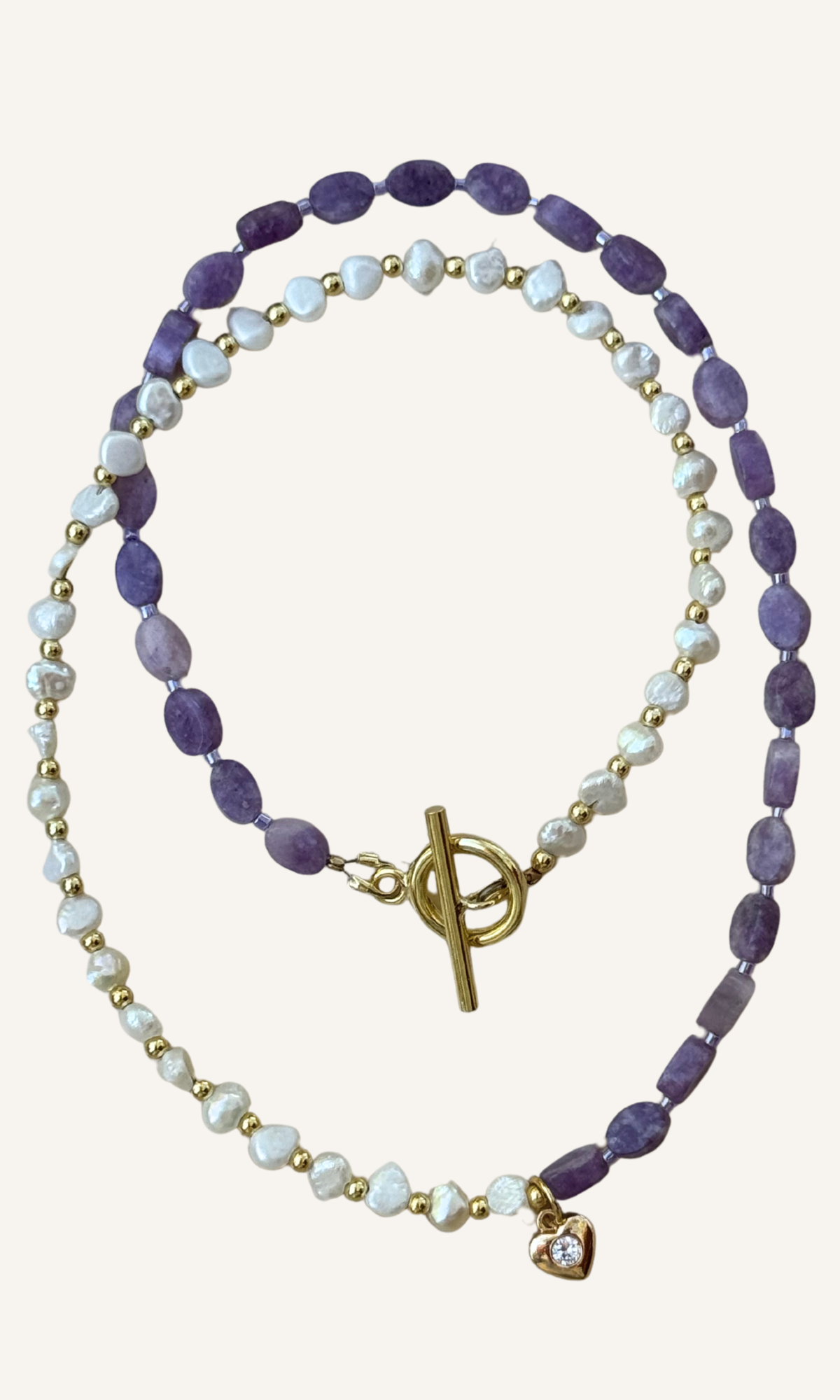 Purple Lepidolite and tiny Freshwater Pearl necklace with dainty heart charm, gold filled findings, and a toggle closure