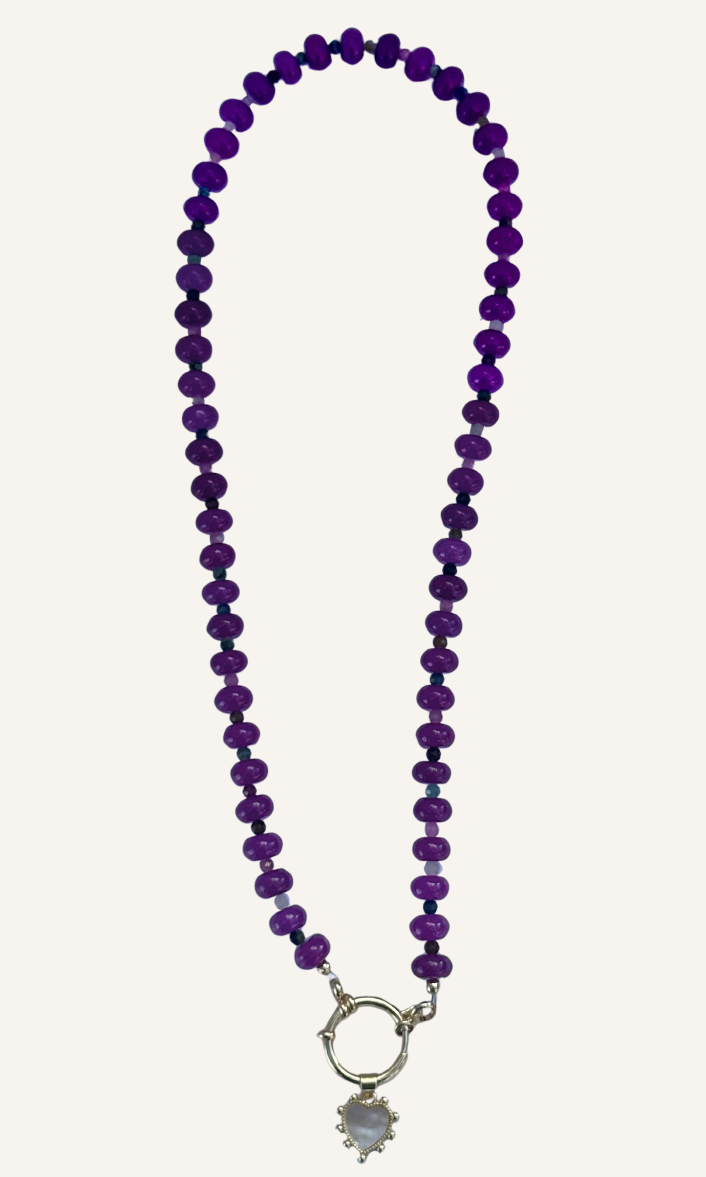 Purple Quartz necklace with multi-colored faceted Tourmaline, gold filled sailor clasp, and shell heart charm