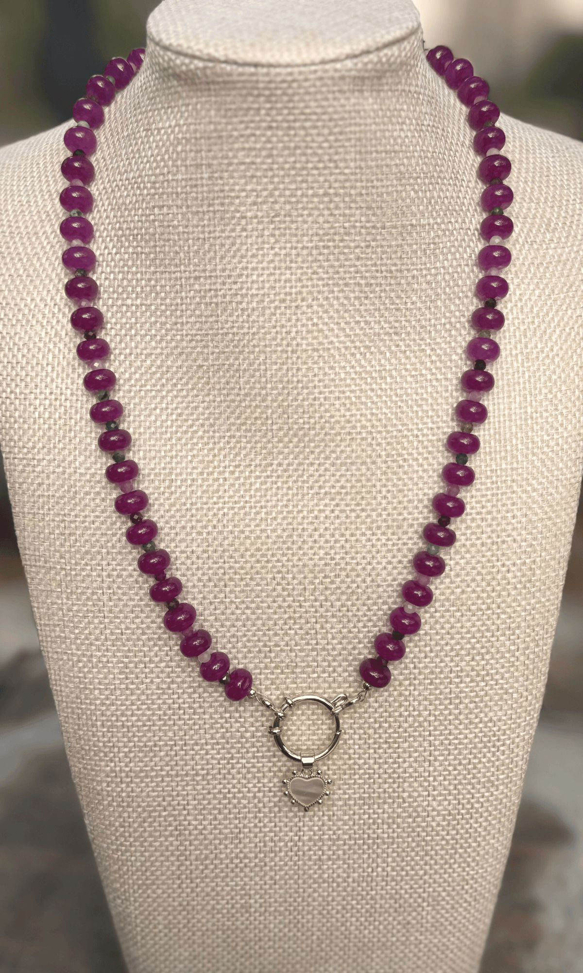 Purple Quartz necklace with multi-colored faceted Tourmaline, gold filled sailor clasp, and shell heart charm
