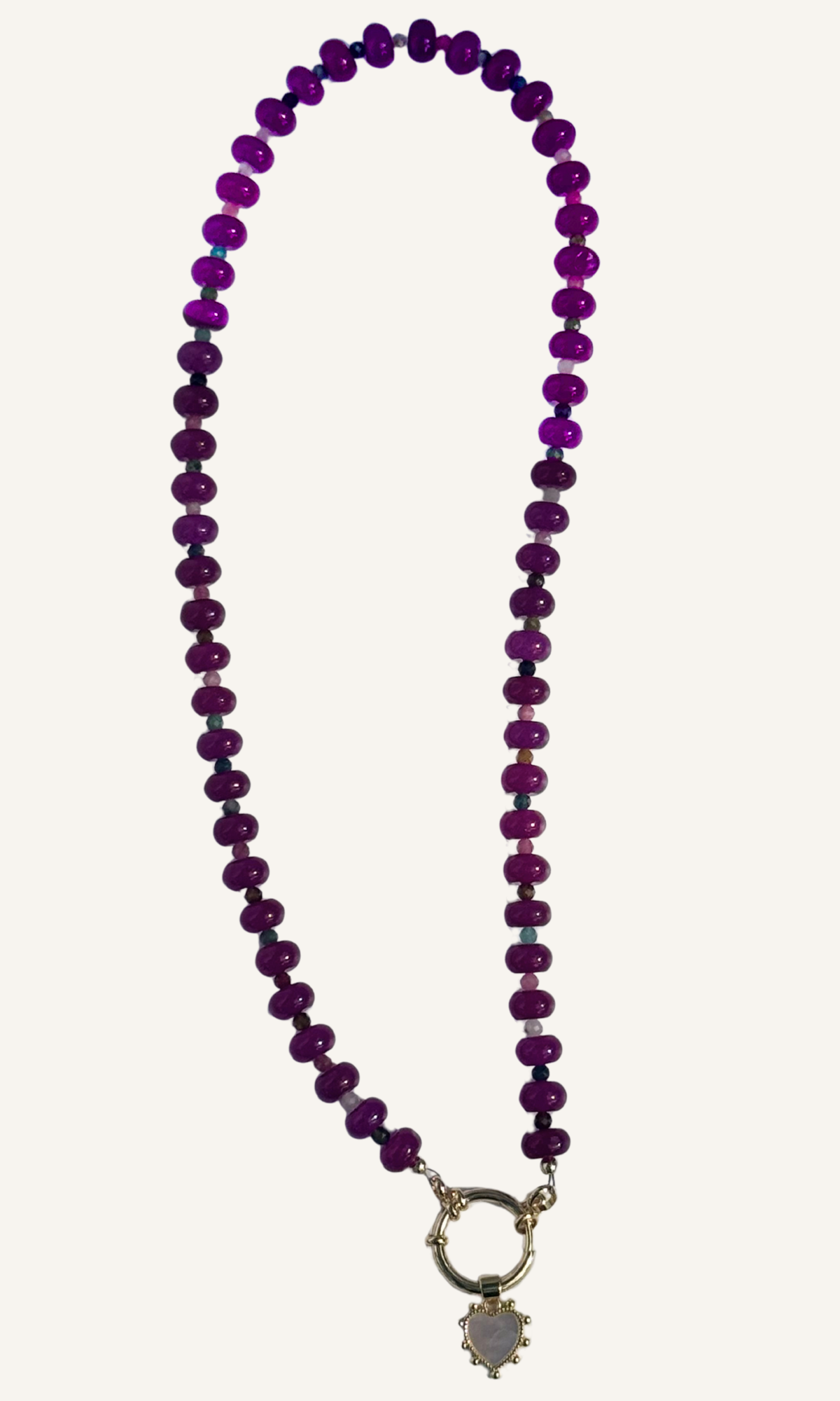 Purple Quartz necklace with multi-colored faceted Tourmaline, gold filled sailor clasp, and shell heart charm
