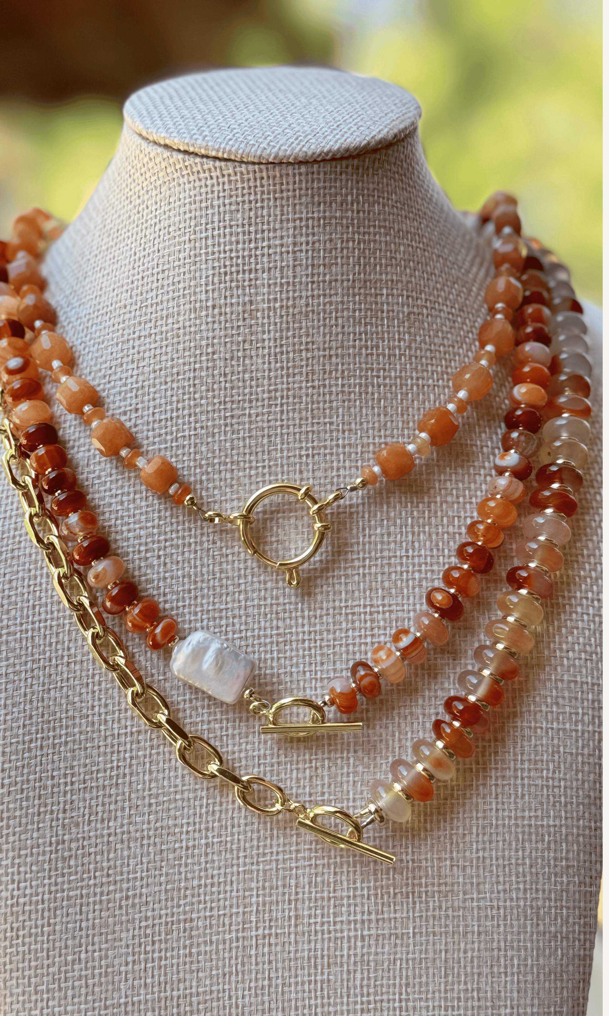 Red Agate gemstones in reddish orange and Freshwater Pearl necklace with gold filled findings and a toggle closure and orange Aventurine necklace with sailor clasp and orange carnlian on gold filled chain 