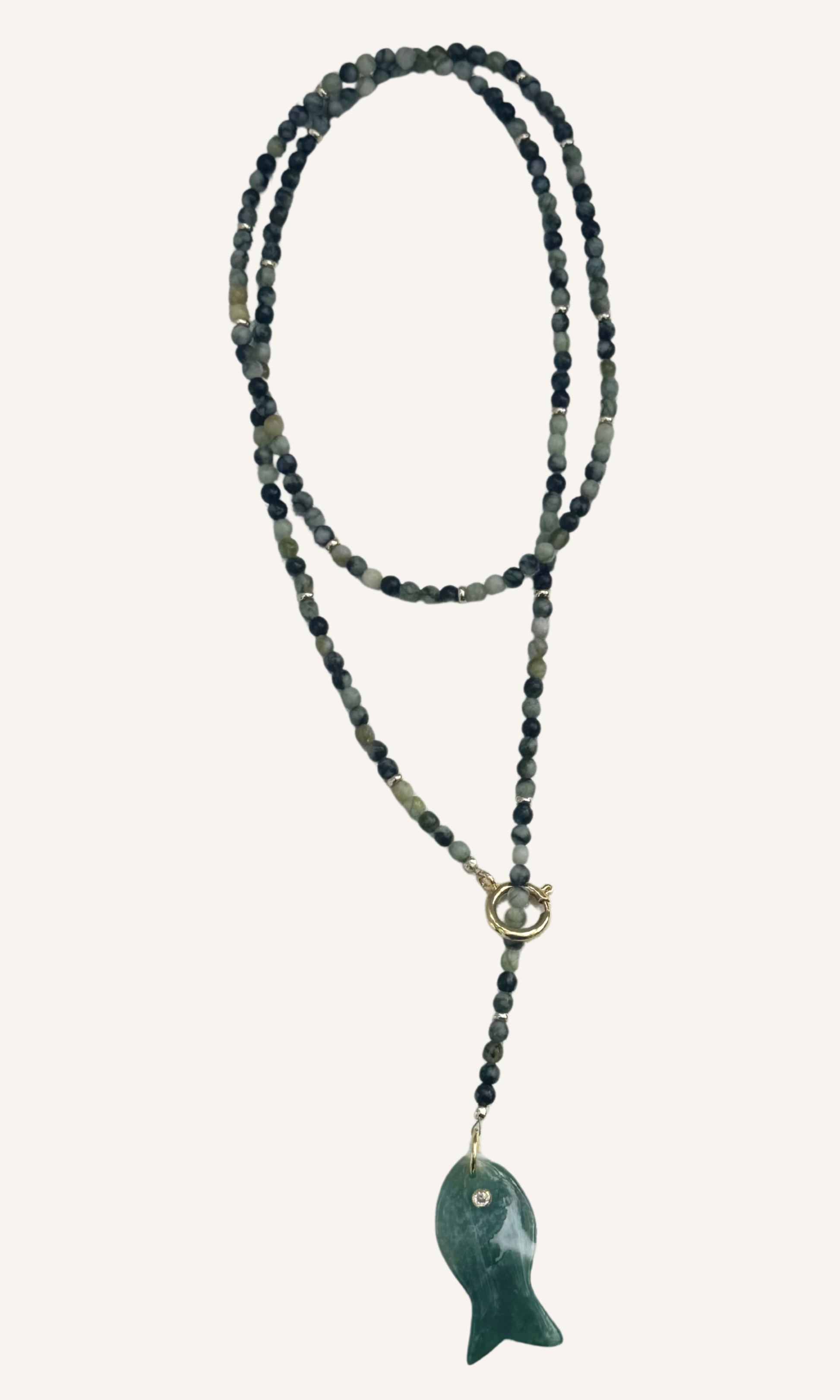 Serpentine Jade necklace with Apatite fish charm and gold filled spring clasp
