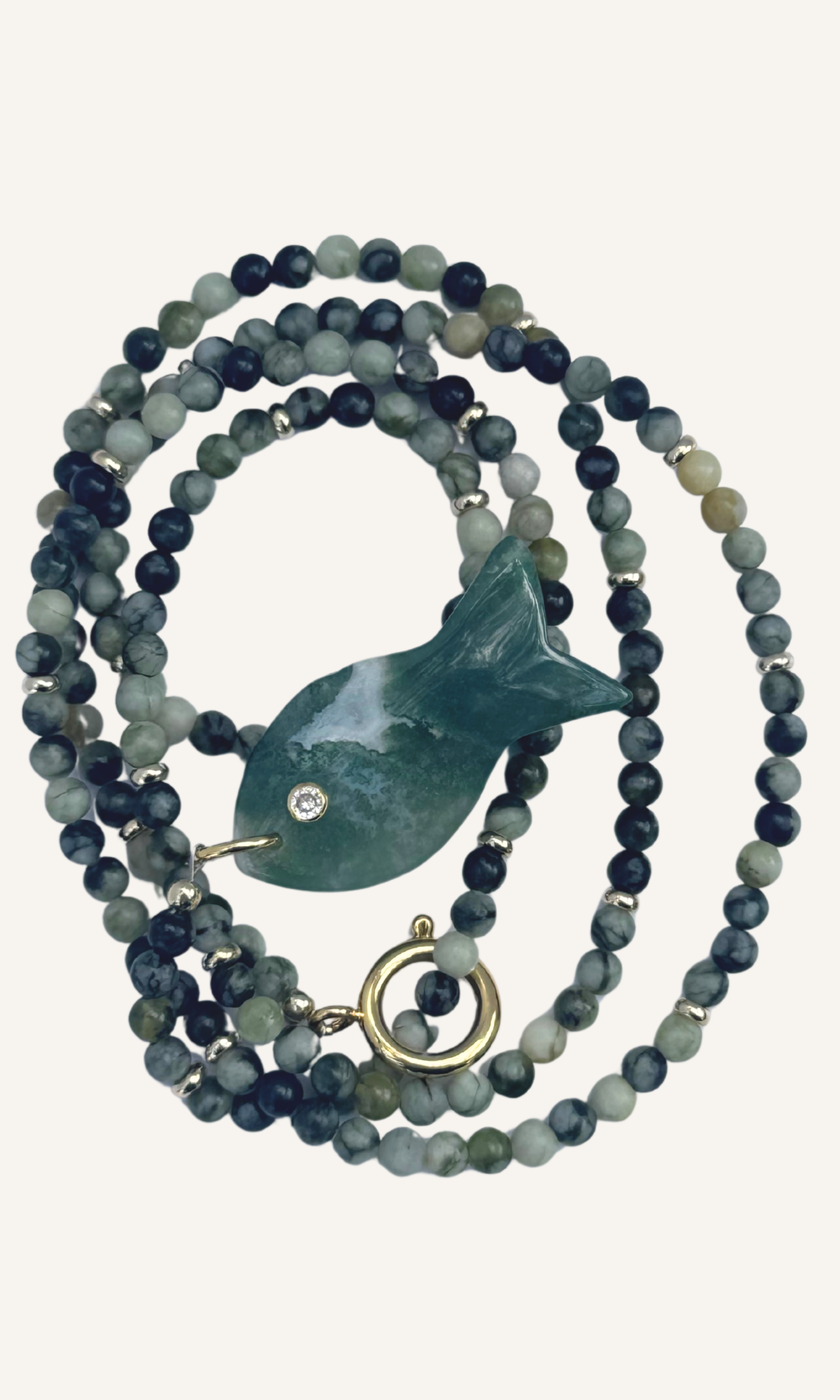 Serpentine Jade necklace with Apatite fish charm and gold filled spring clasp