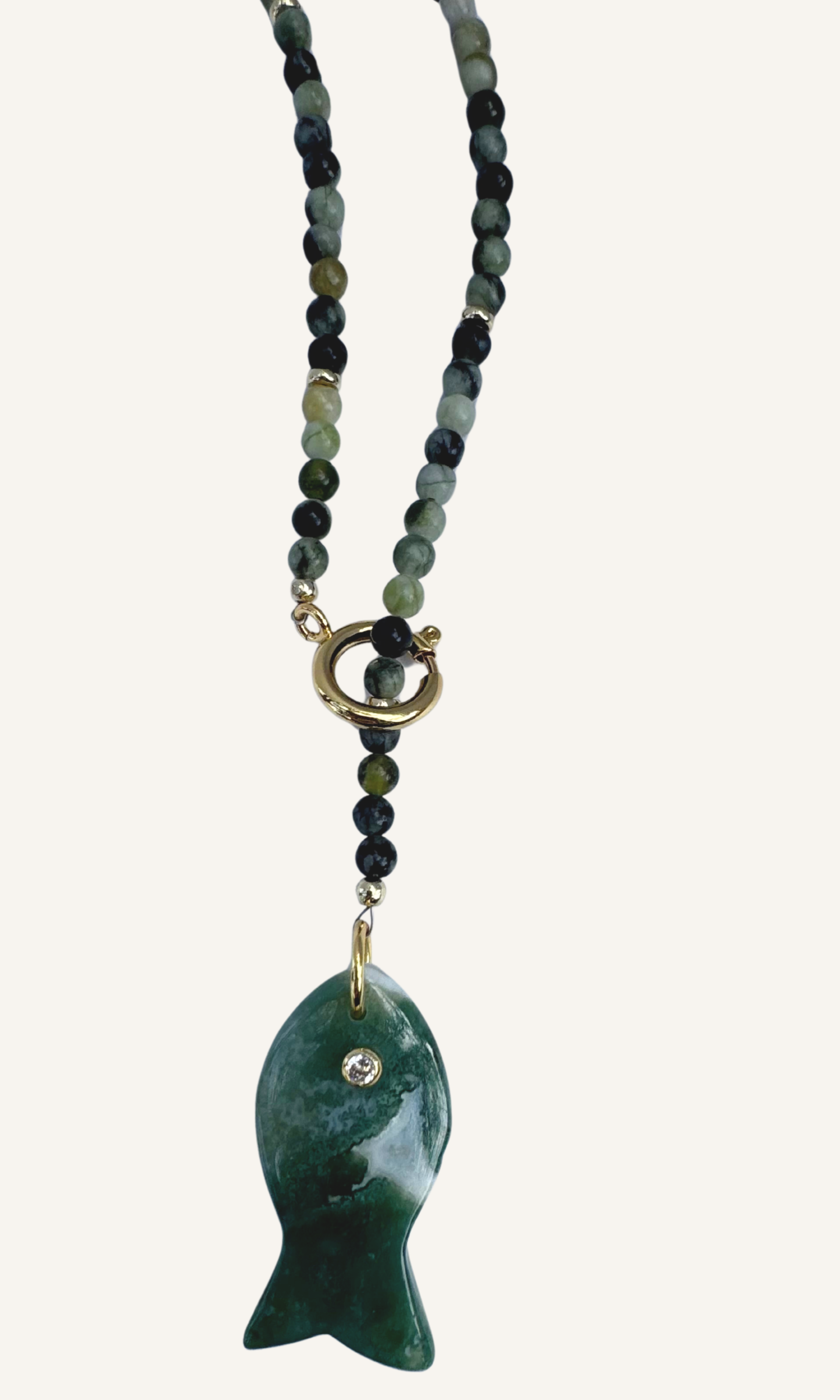 Serpentine Jade necklace with Apatite fish charm and gold filled spring clasp