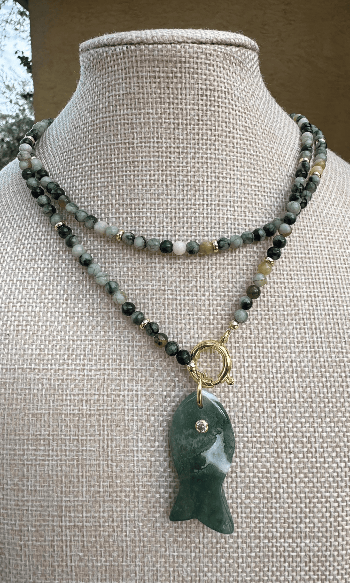 Serpentine Jade necklace with Apatite fish charm and gold filled spring clasp
