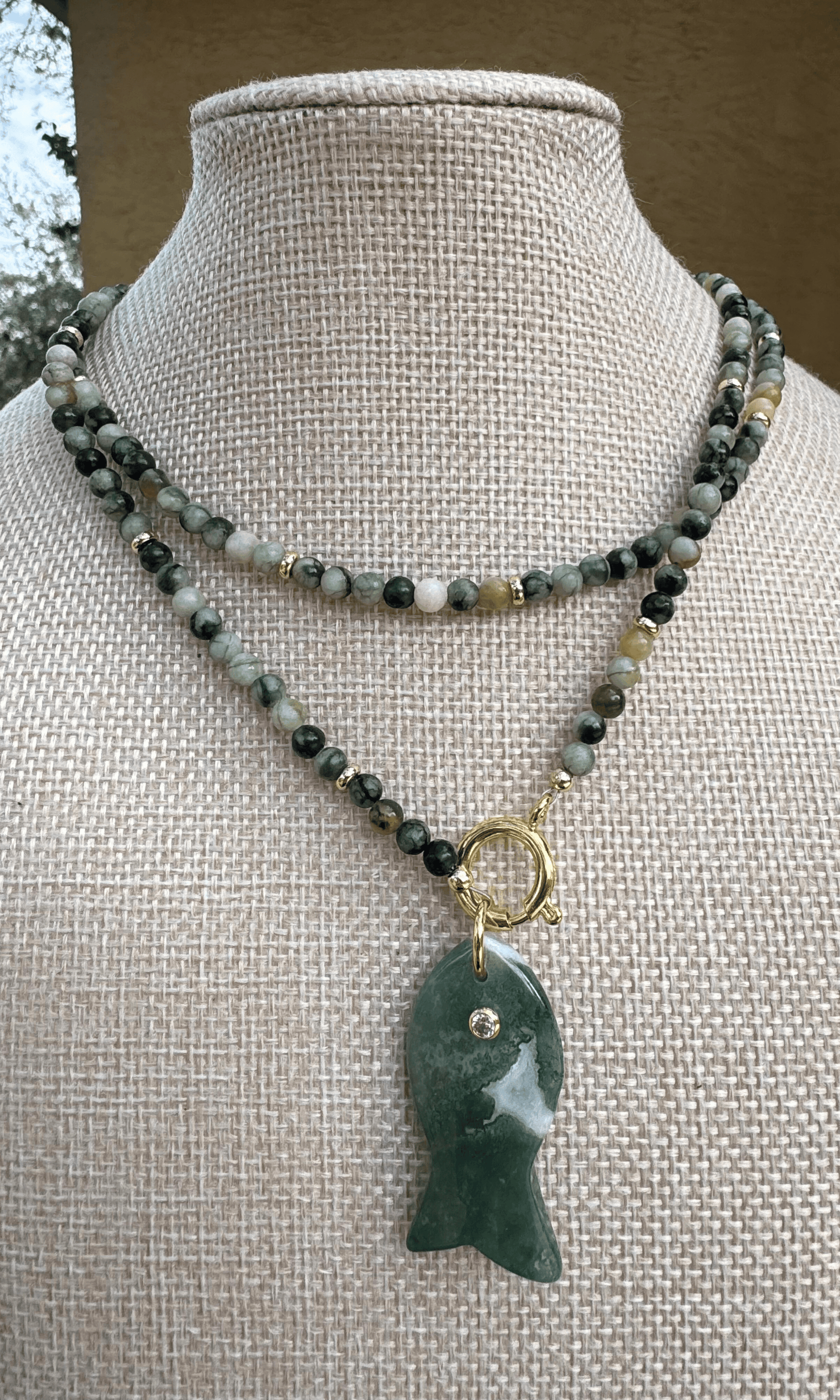 Serpentine Jade necklace with Apatite fish charm and gold filled spring clasp