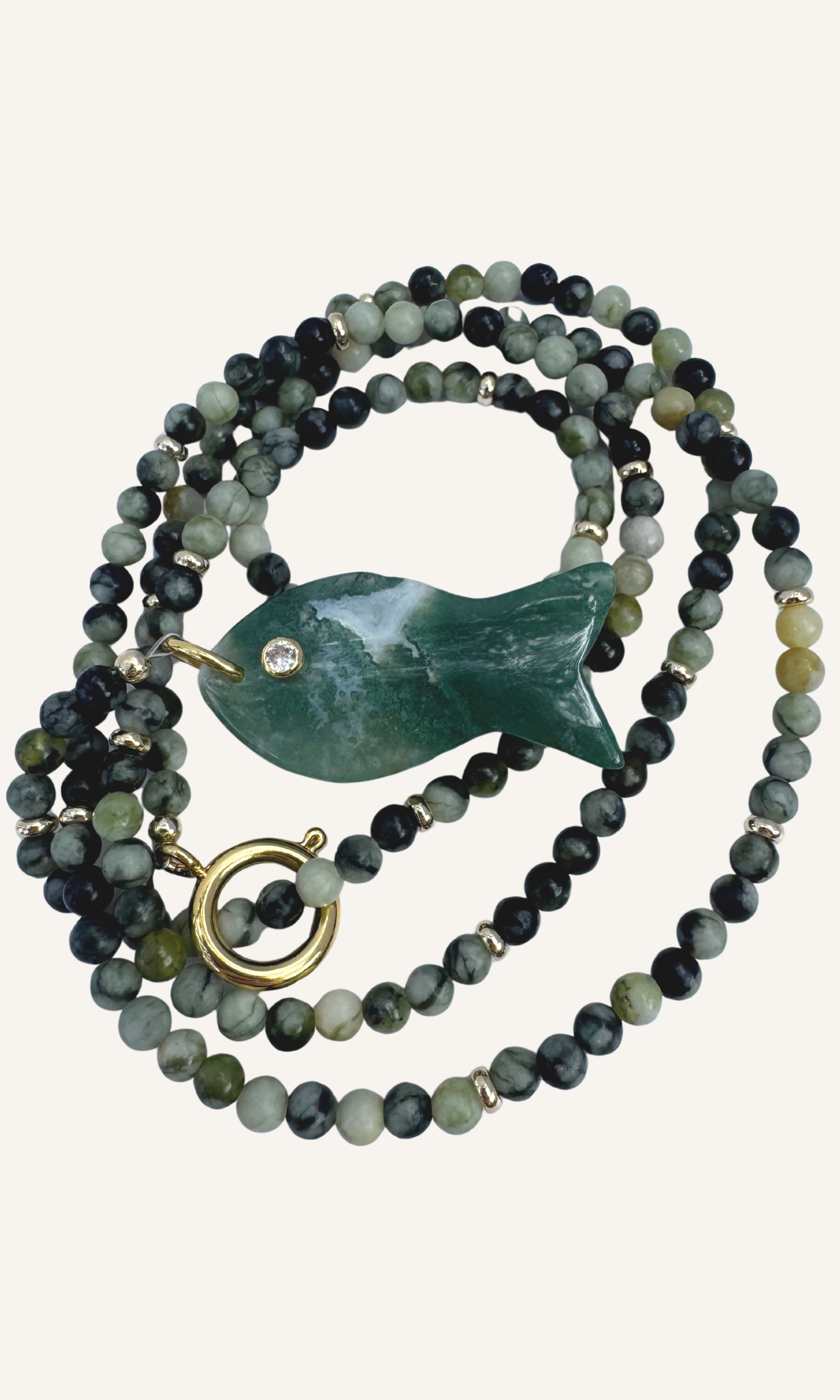 Serpentine Jade necklace with Apatite fish charm and gold filled spring clasp