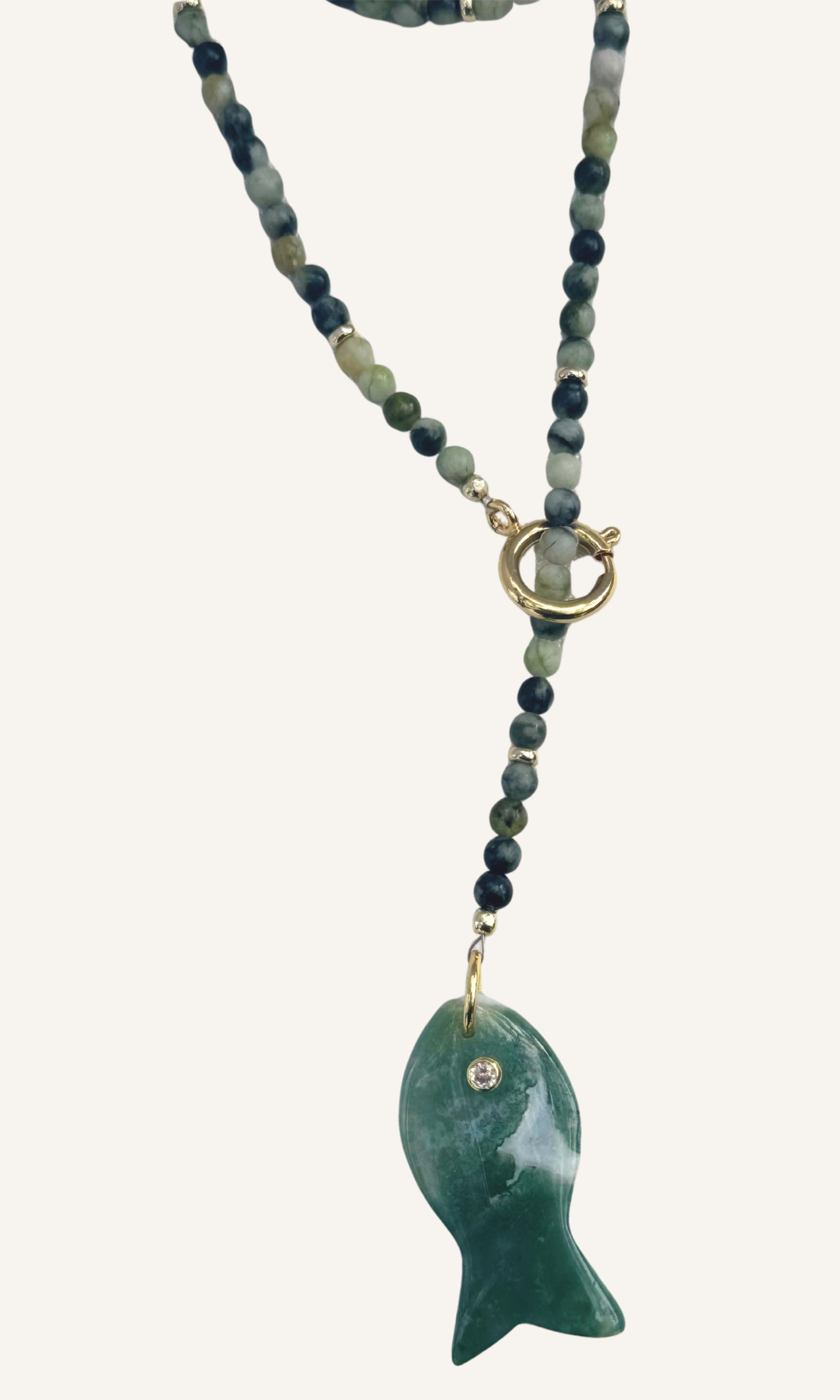 Serpentine Jade necklace with Apatite fish charm and gold filled spring clasp