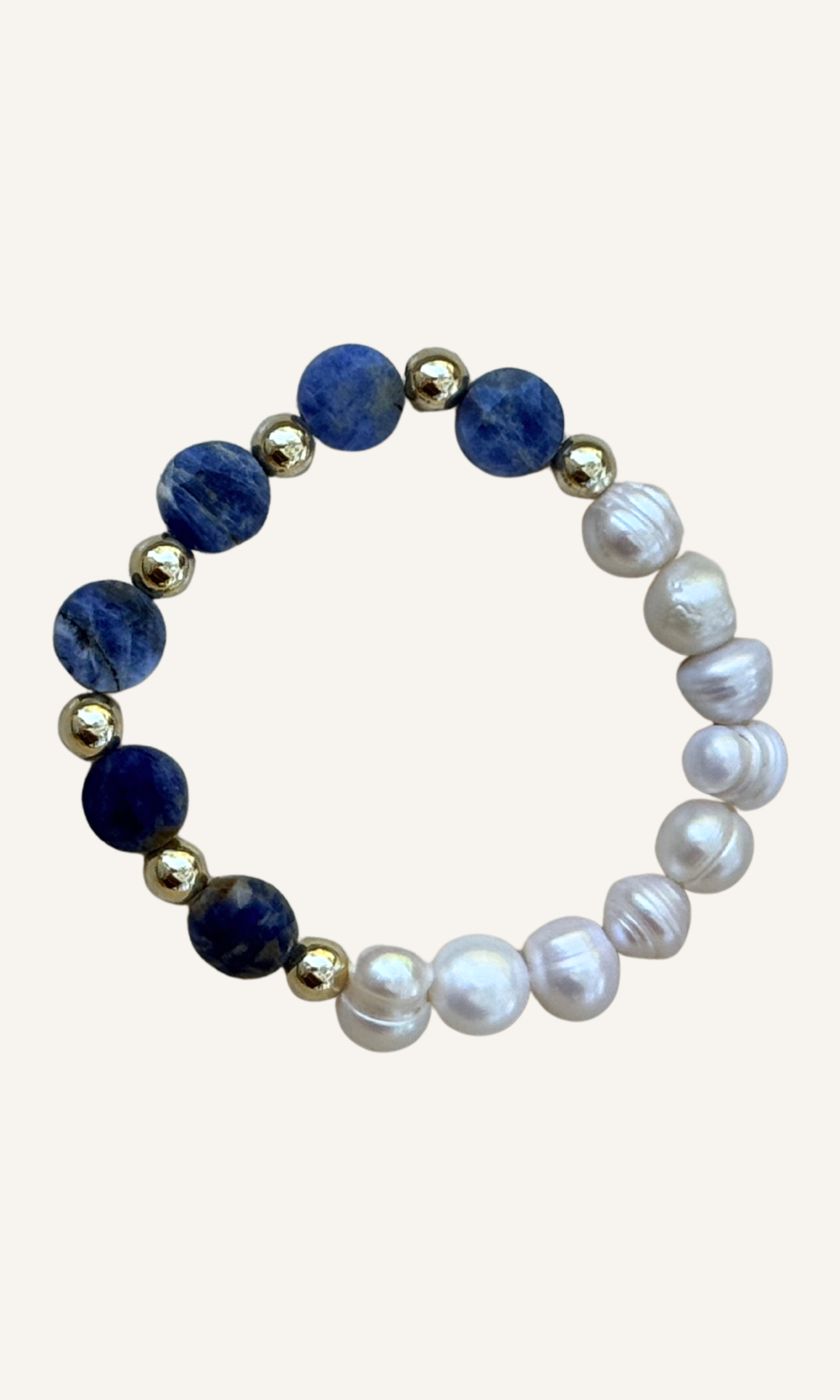 Sodalite and Freshwater Pearl stretch bracelet with gold filled spacer beads