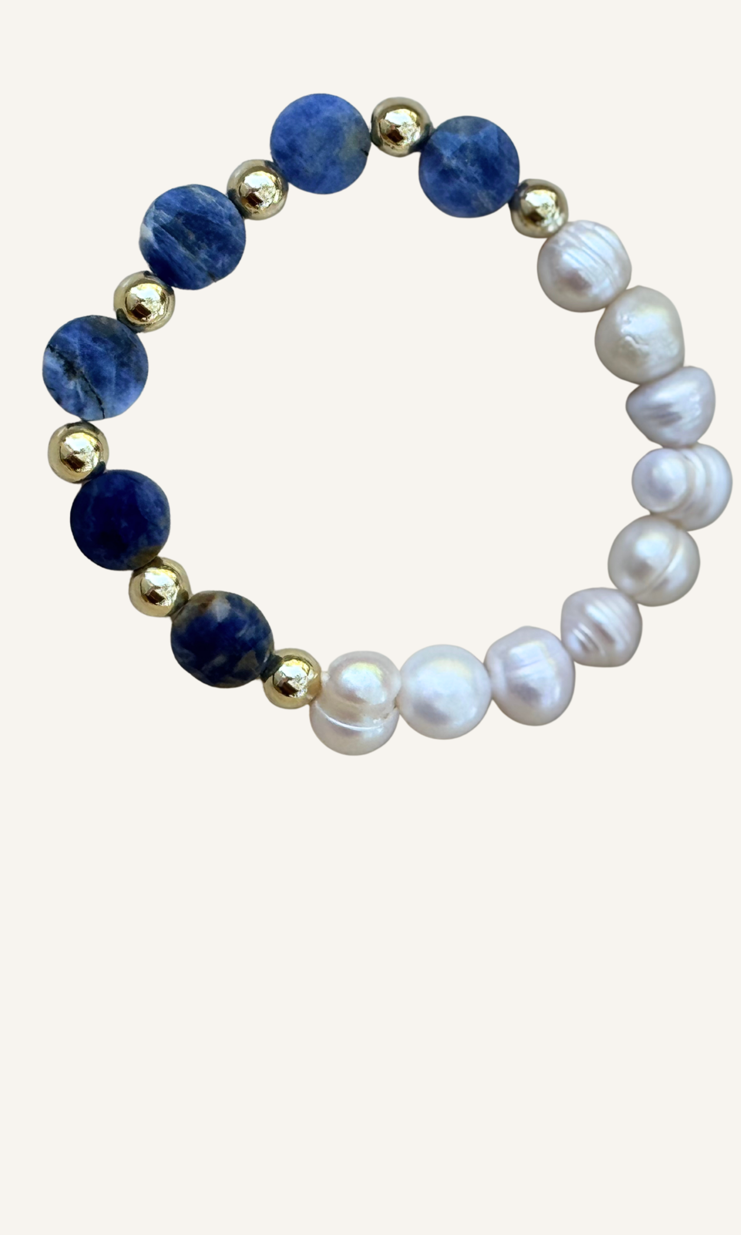 Sodalite and Freshwater Pearl stretch bracelet with gold filled spacer beads