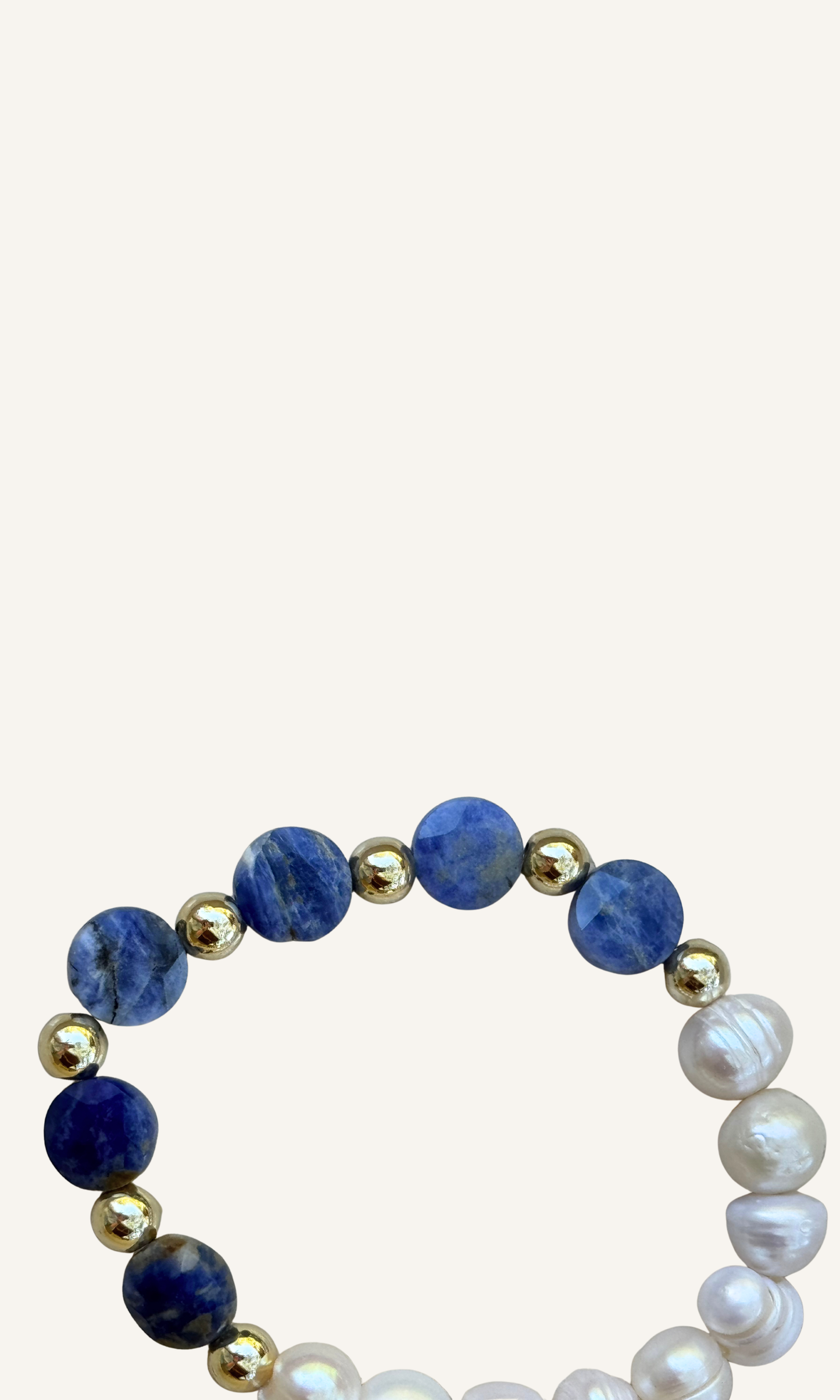 Sodalite and Freshwater Pearl stretch bracelet with gold filled spacer beads